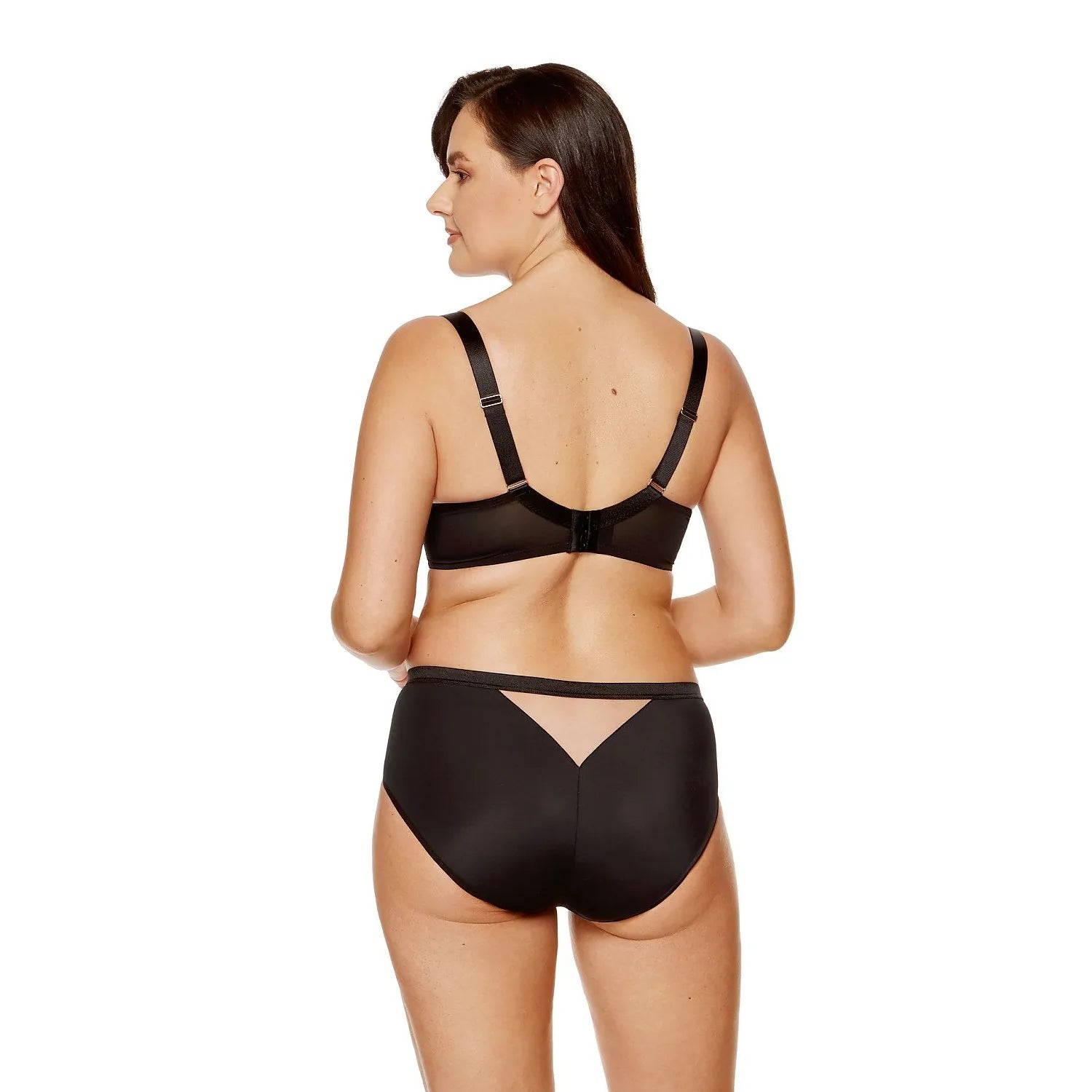 Culotte Gorteks noire et beige, broderies florales, maille lisse, filet, tulle, vue arrière, élégance et confort.
