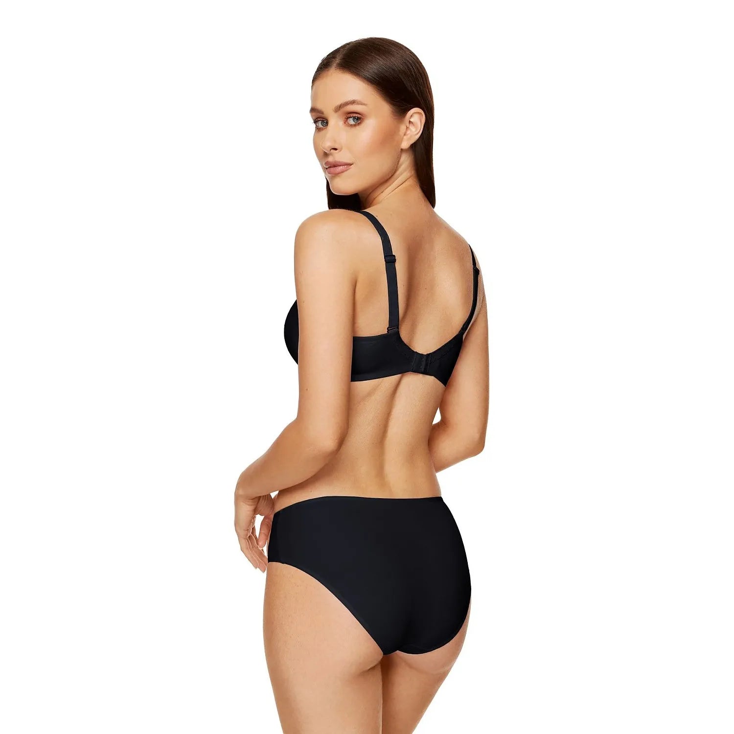 Ensemble lingerie noire classique, soutien-gorge rembourré, culotte confortable, matière extensible, femme de dos.