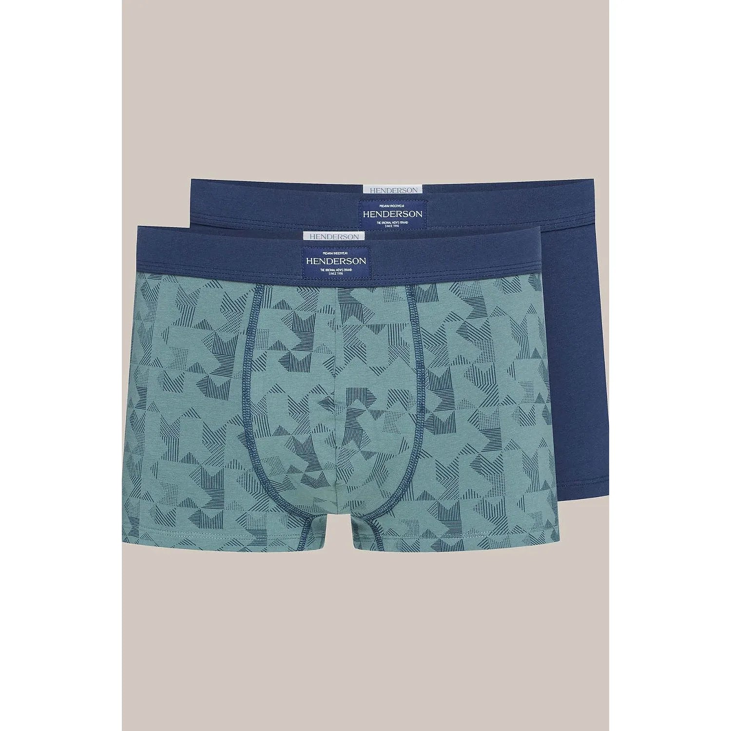 Boxers homme coupe étroite motif géométrique bleu vert gris uni coton élasthanne ceinture élastique coutures renforcées logo Henderson