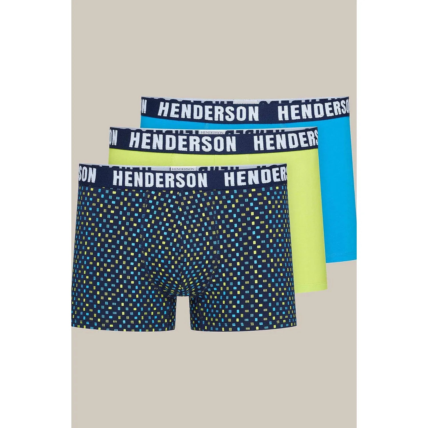 Boxer briefs Henderson modèle 199570 pack 3 paires coton élasthanne motifs géométriques coloris navy lime turquoise waistband élastique ajusté confort hommes quotidien