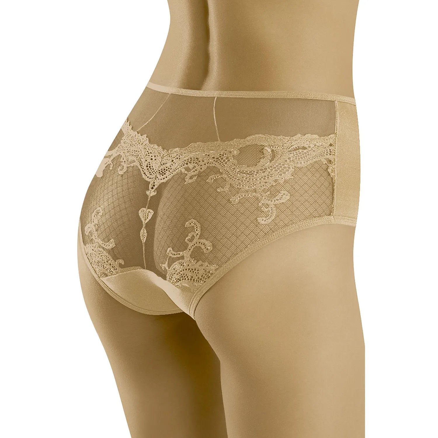 Culotte gainante beige Wolbar, taille haute, motifs V, dentelle transparente, effet amincissant, confort quotidien.