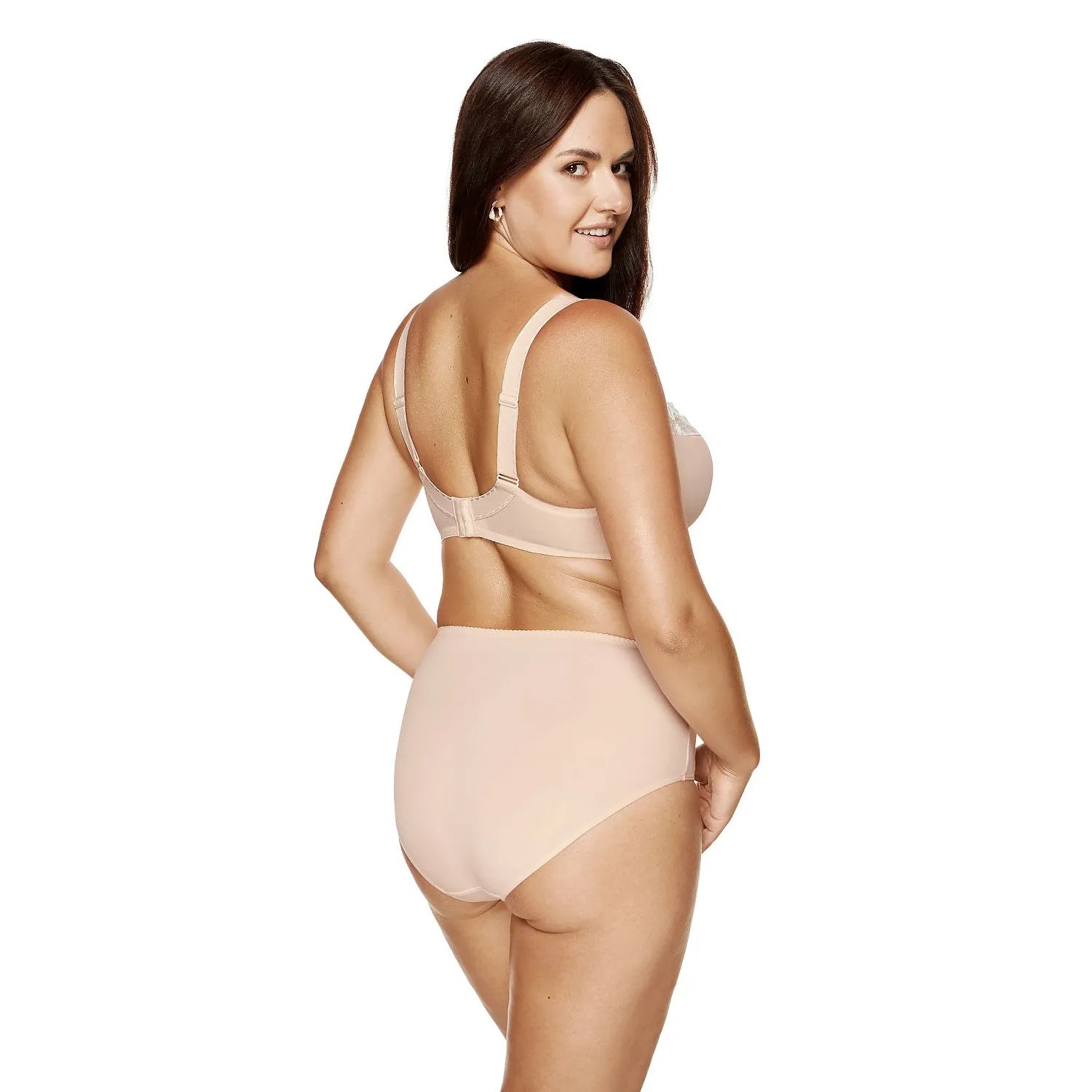 Ensemble lingerie dentelle florale, soutien-gorge à armatures et culotte haute, couleur chair, élégant et confortable.