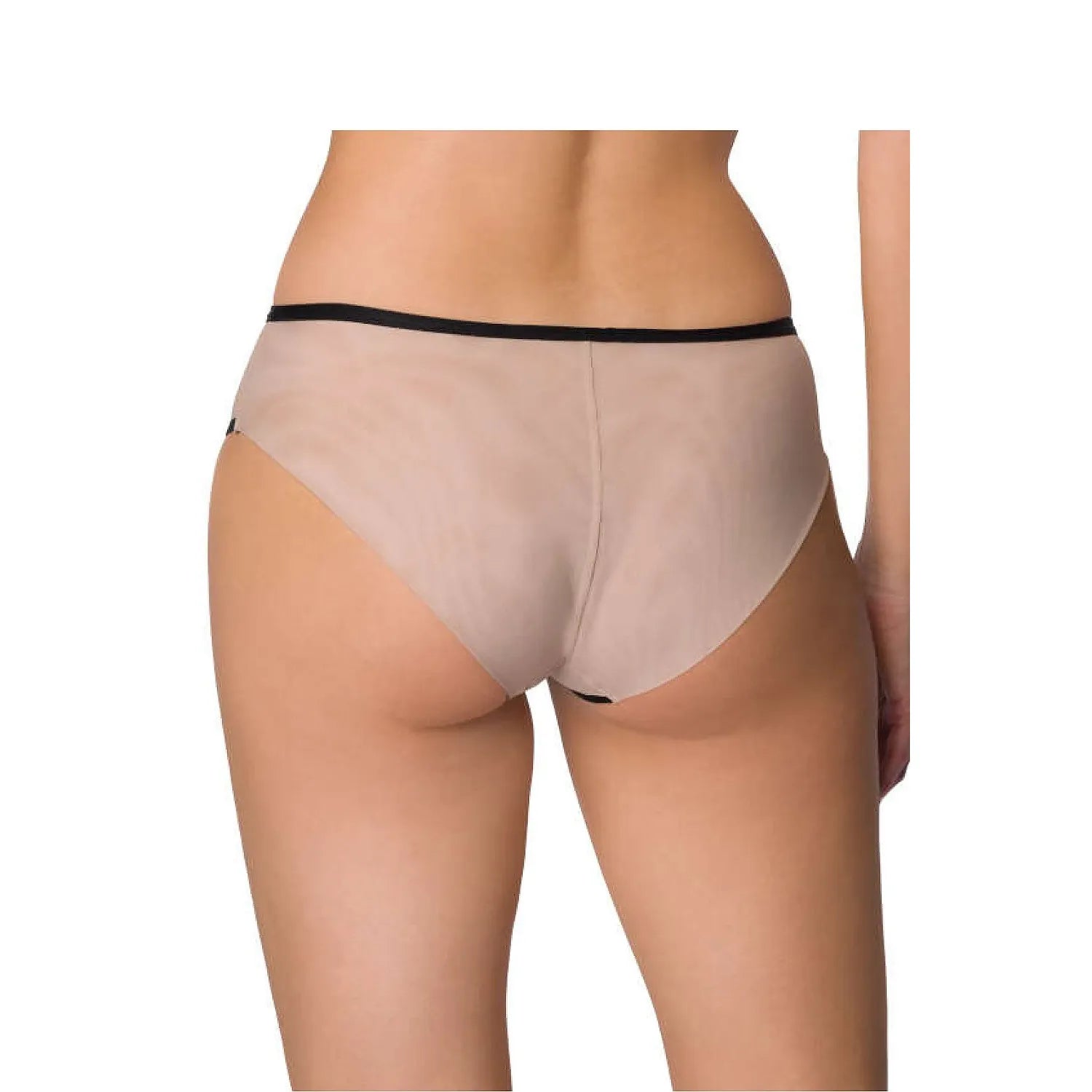 Culotte sexy beige en maille florale et papillon, bordure noire, design géométrique, élégante et confortable.