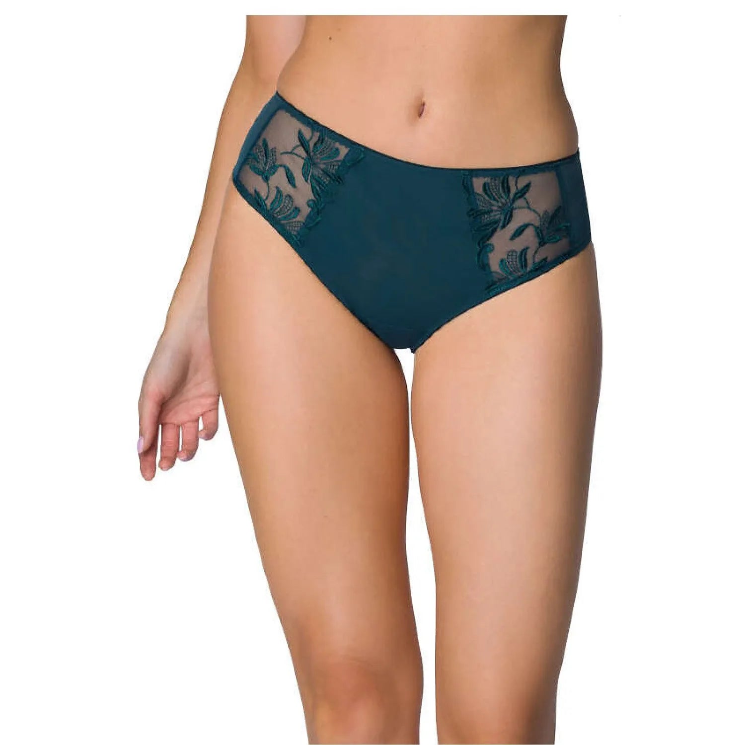 Culottes féminines lingerie sexy élégante dentelle motifs floraux opaque transparent bleu canard profond confortable élasticité ajustement parfait