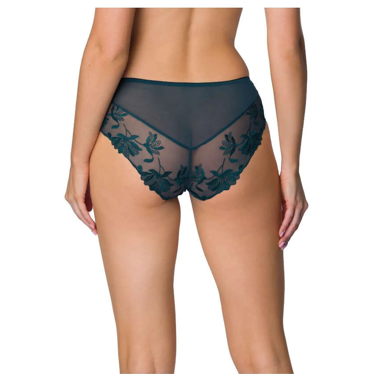 Culotte bleue canard en dentelle florale, design opaque et transparent, élégante et confortable, vue de dos.