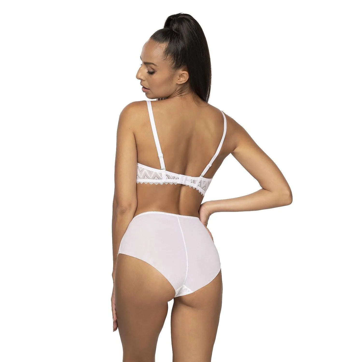 Culotte en dentelle blanche taille haute, motif zigzag, nœud subtil, lingerie féminine sexy et confortable.