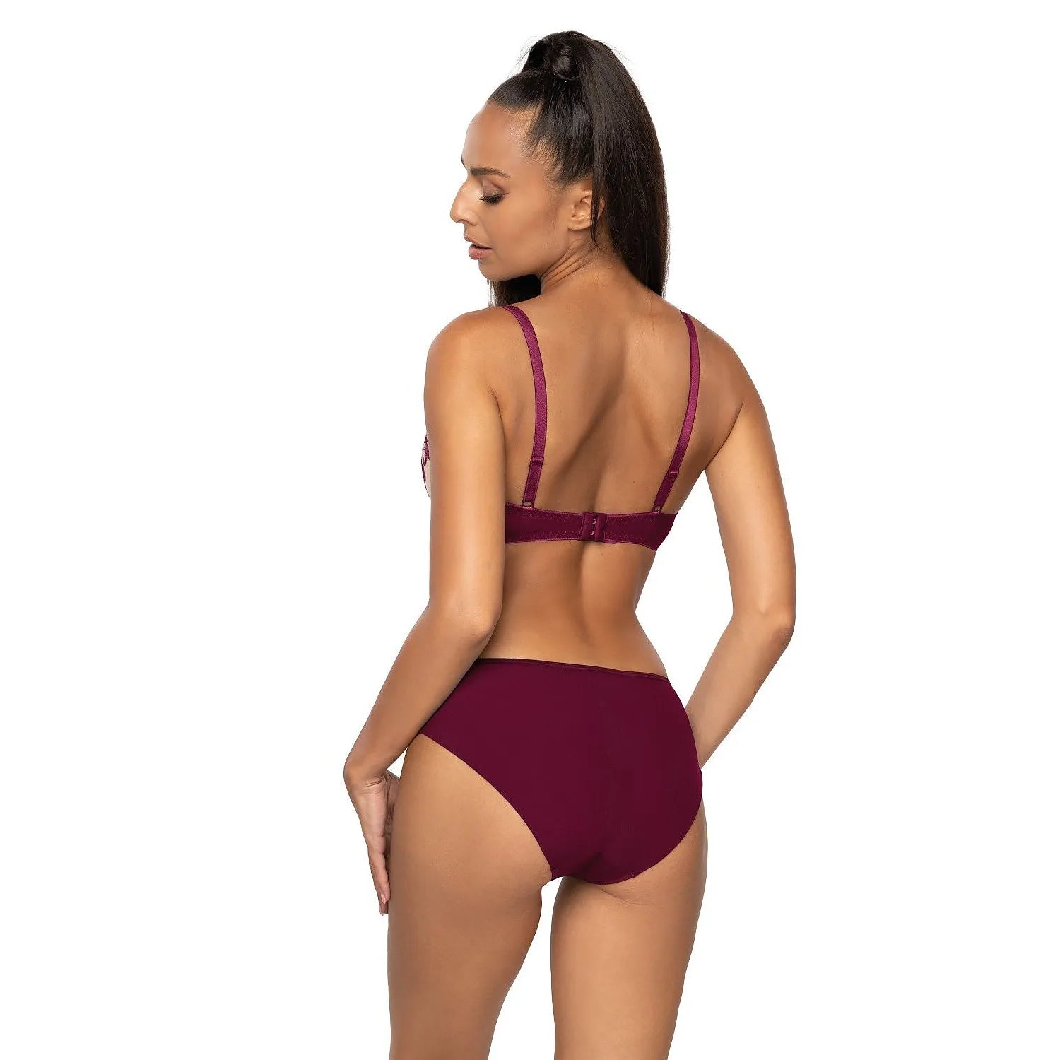 Culotte model 204008 Mat en dentelle florale, couleur bordeaux, coupe classique, nœud décoratif, confort élégant.