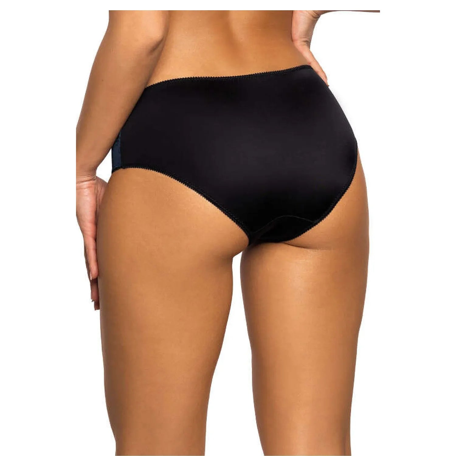 Culotte noire Saddie en microfibre, dentelle florale sur les côtés, taille moyenne, élégante et confortable.