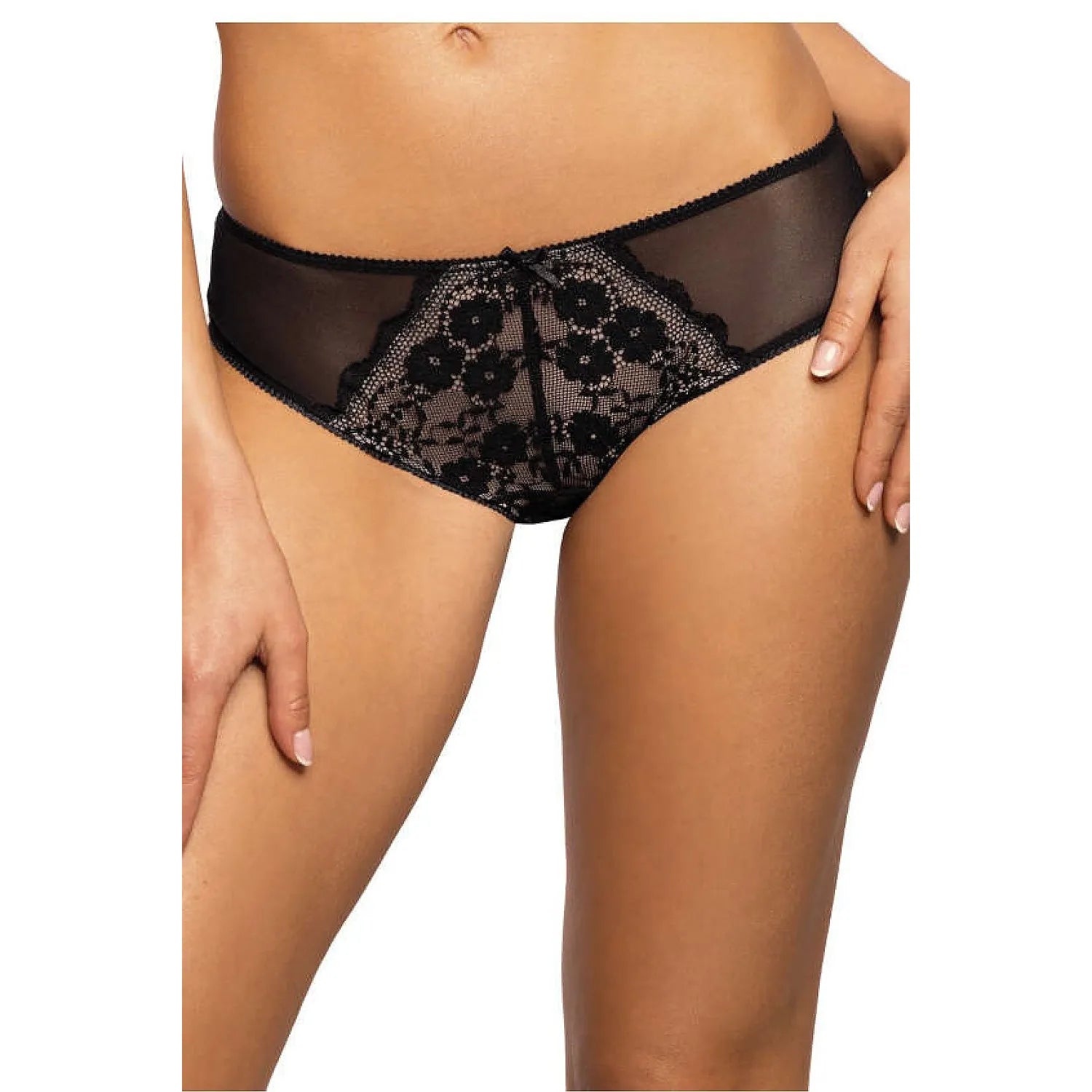 Culottes model 204016 Mat lingerie sexy dentelle noire femmes confort élégance floral motifs mesh transparent coton élasthanne polyamide taille ajustée