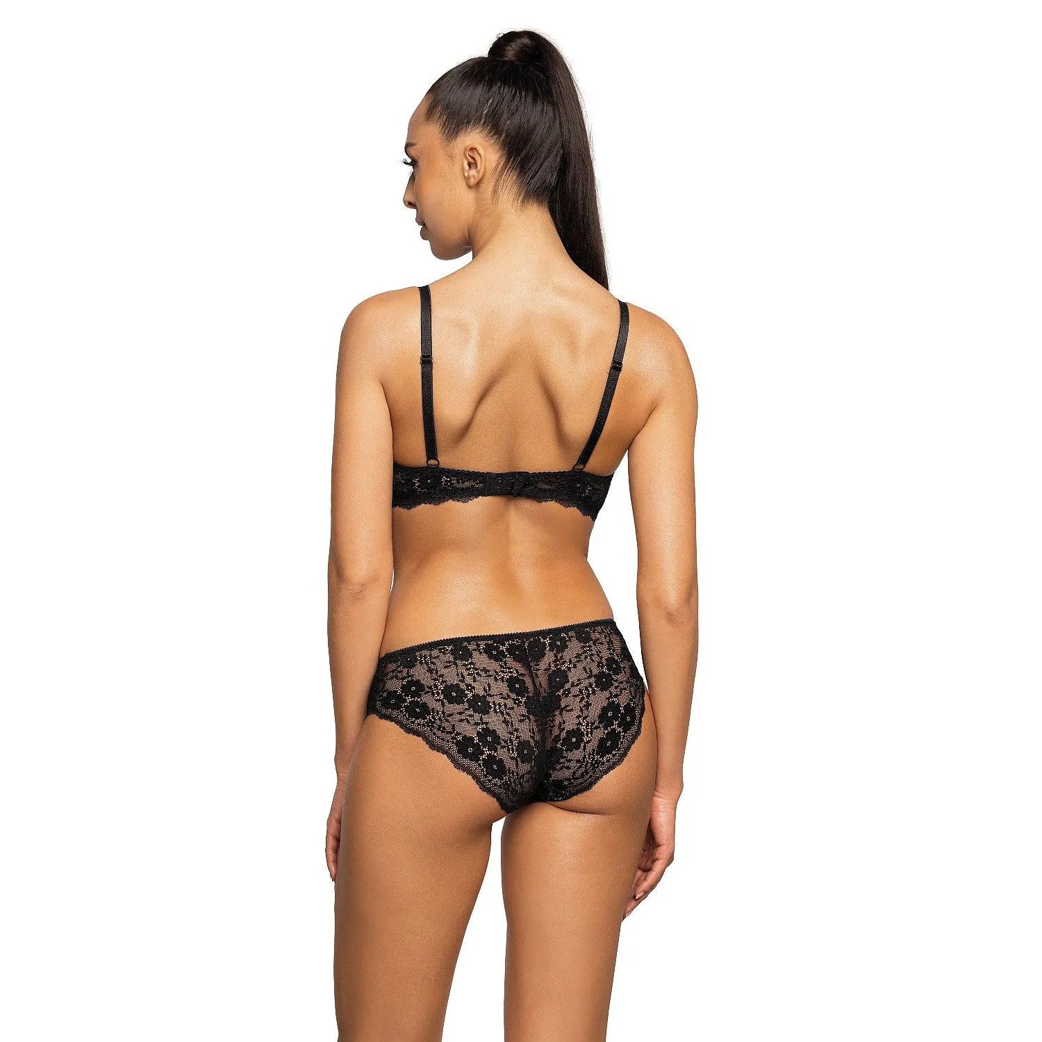 Culotte en dentelle noire, motifs floraux, mesh transparent, élégance et confort, modèle 204016 Mat, lingerie femme.