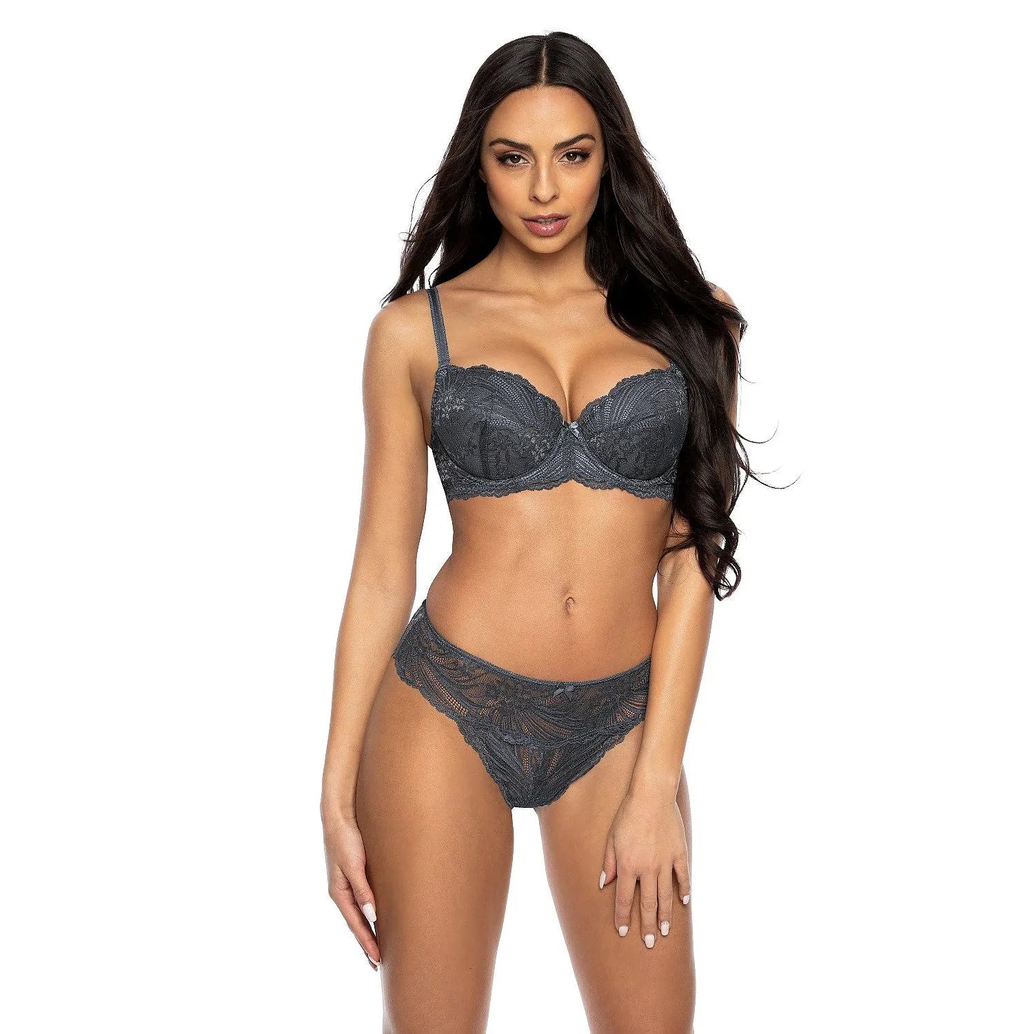 Culotte en dentelle grise anthracite Sybilla, élégante et respirante, avec nœud avant, taille basse, modèle 204020.