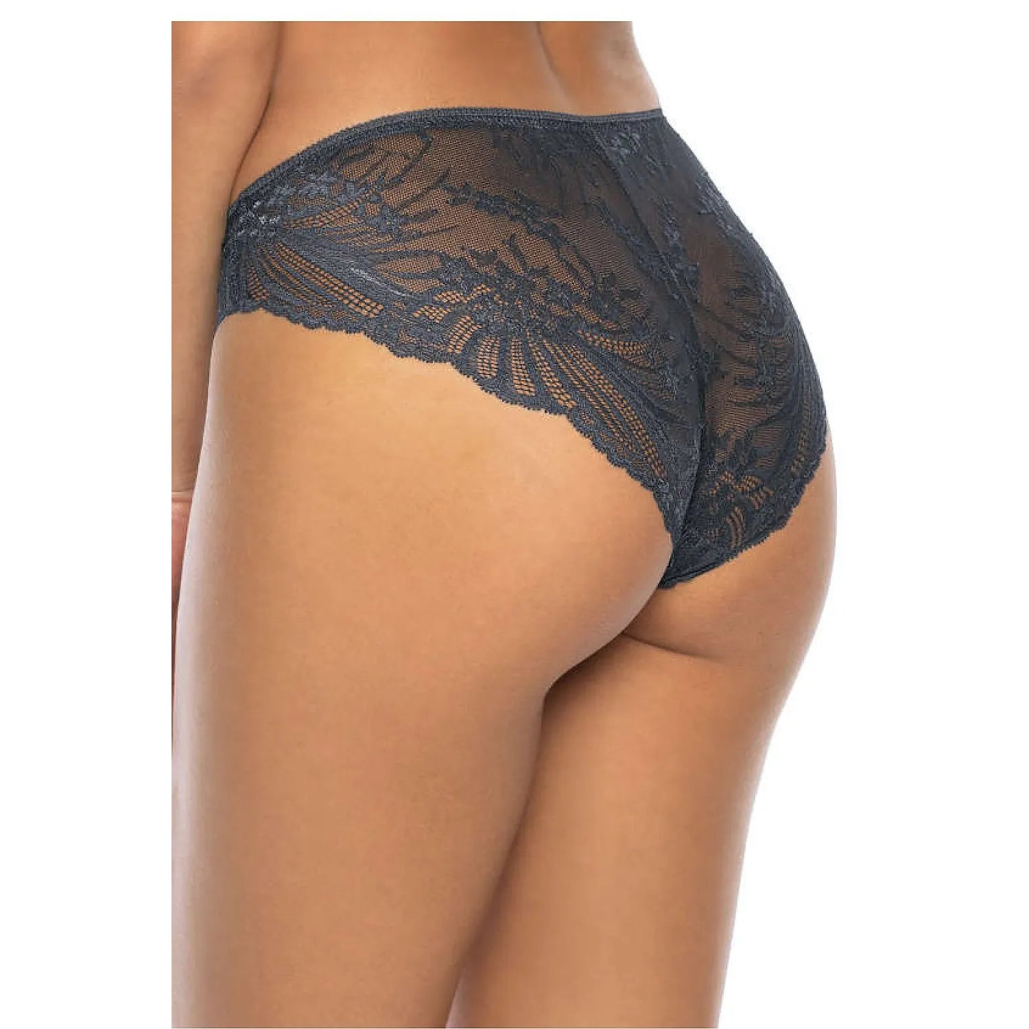 Culotte en dentelle grise anthracite Sybilla, taille basse, motif floral, nœud avant, confort respirant, élégance féminine.