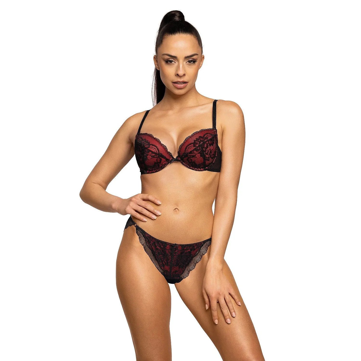 Culotte dentelle noire motifs floraux, maille rouge, anneau latéral, taille 36-44, lingerie élégante et audacieuse.