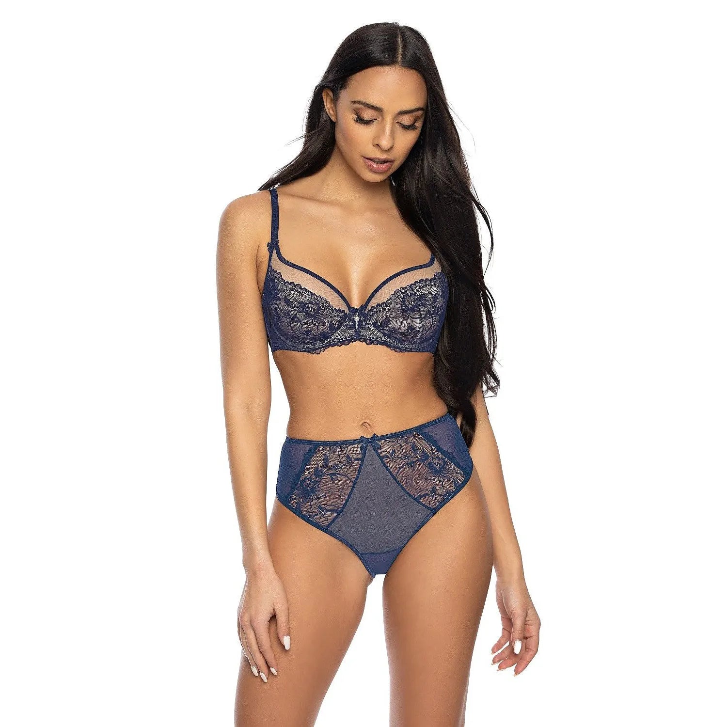 Culotte dentelle florale bleu marine taille haute, mesh transparent, élégance et sensualité, lingerie féminine raffinée.