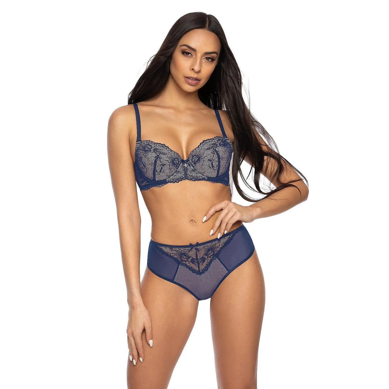Culotte dentelle bleu marine Mat Perluxe, motif floral élégant, taille moyenne, lingerie fine et sexy.