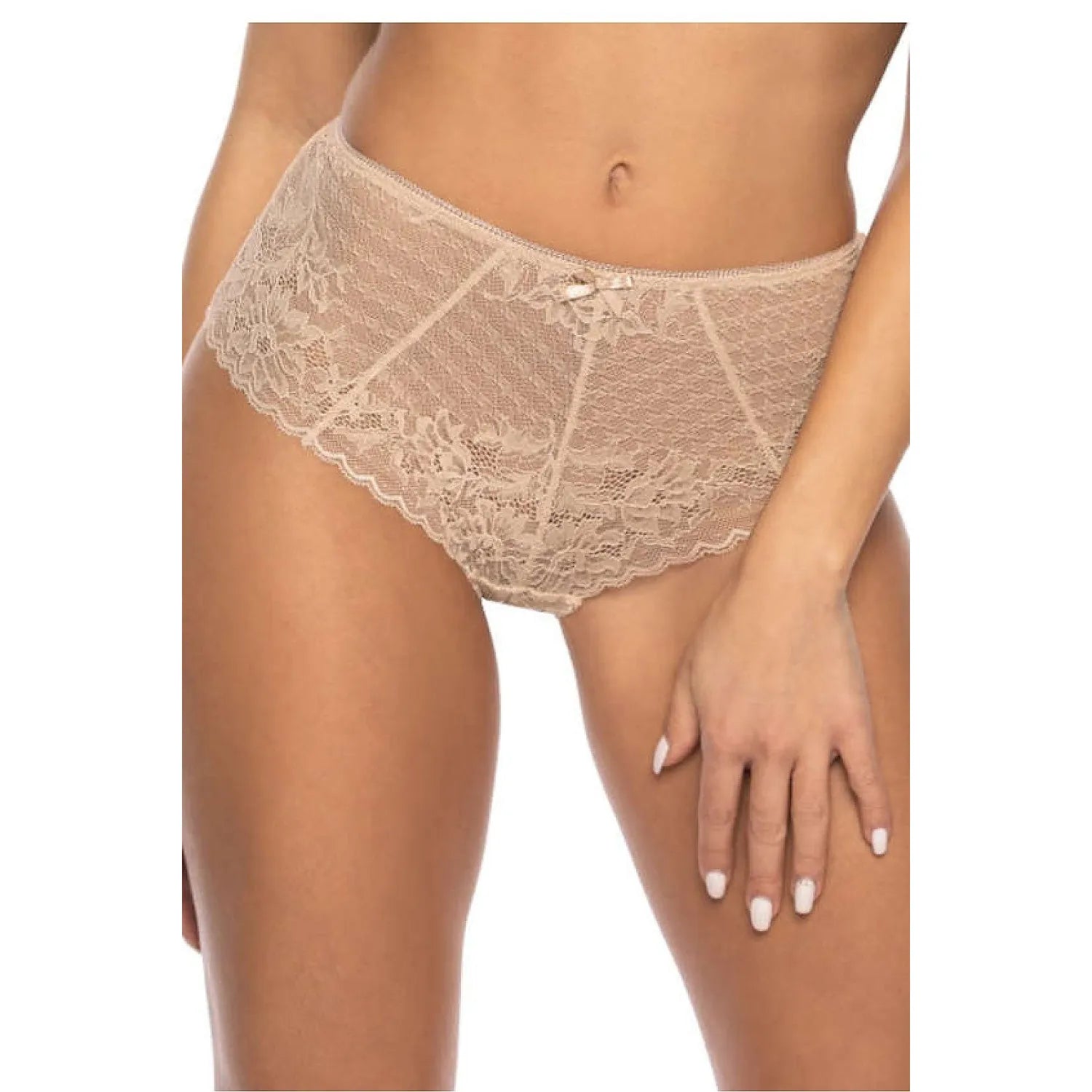 Culotte dentelle taille haute florale beige chair Milou élégante confortable extensible douce couvrante discrète raffinée bordures soignées