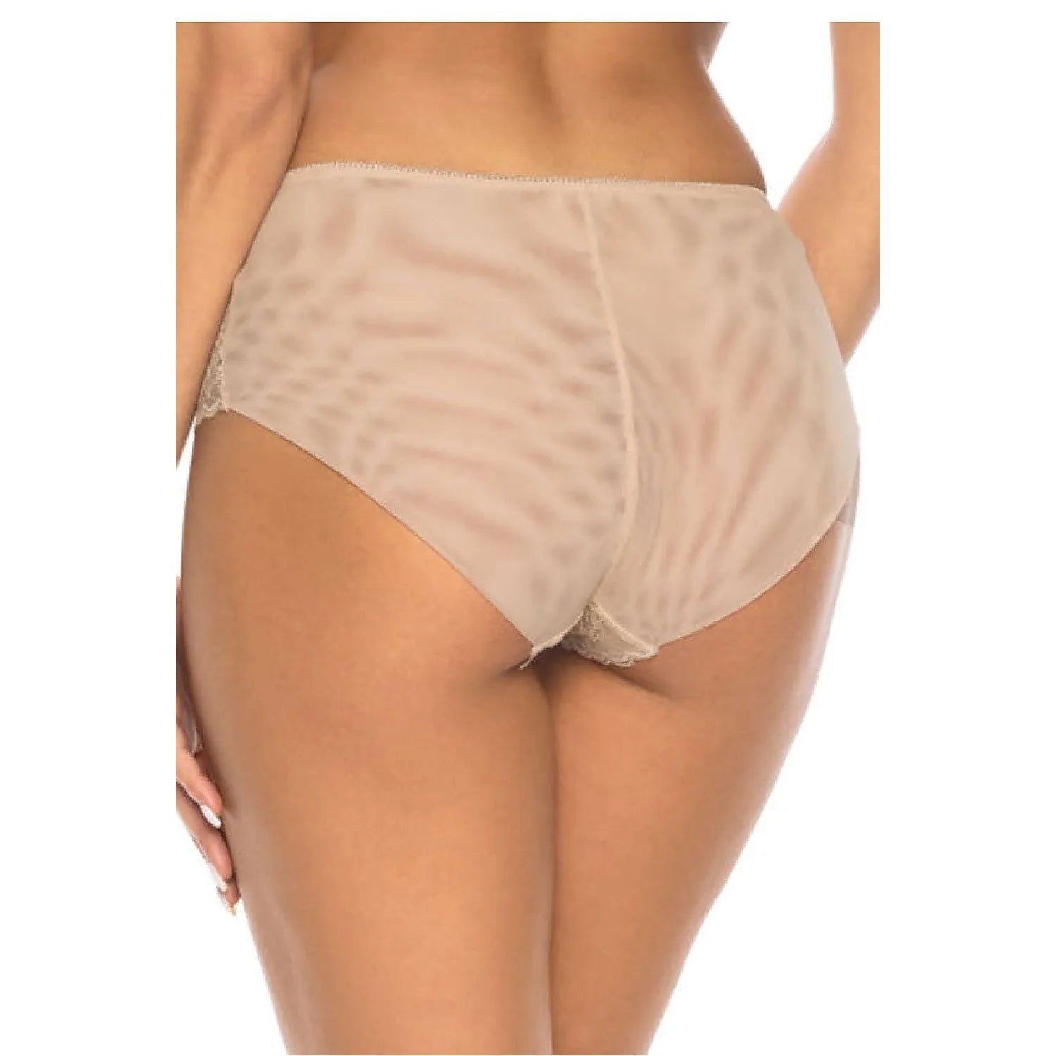 Culotte taille haute beige en dentelle florale, élégante et confortable, avec bordures soignées et nœud décoratif.