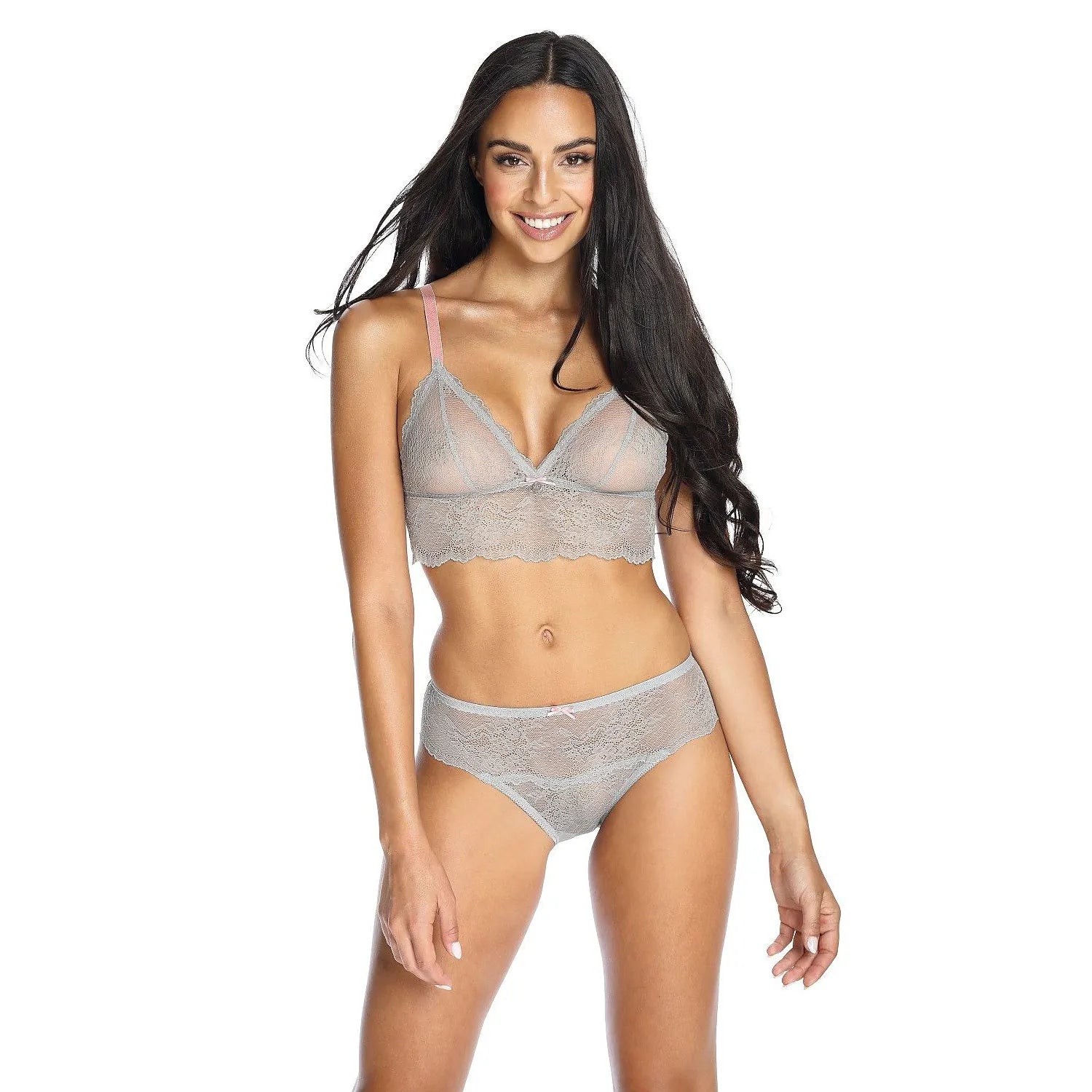 Culotte dentelle rose pâle, motif délicat, noeud décoratif, taille ajustable, élégante et confortable pour femme.