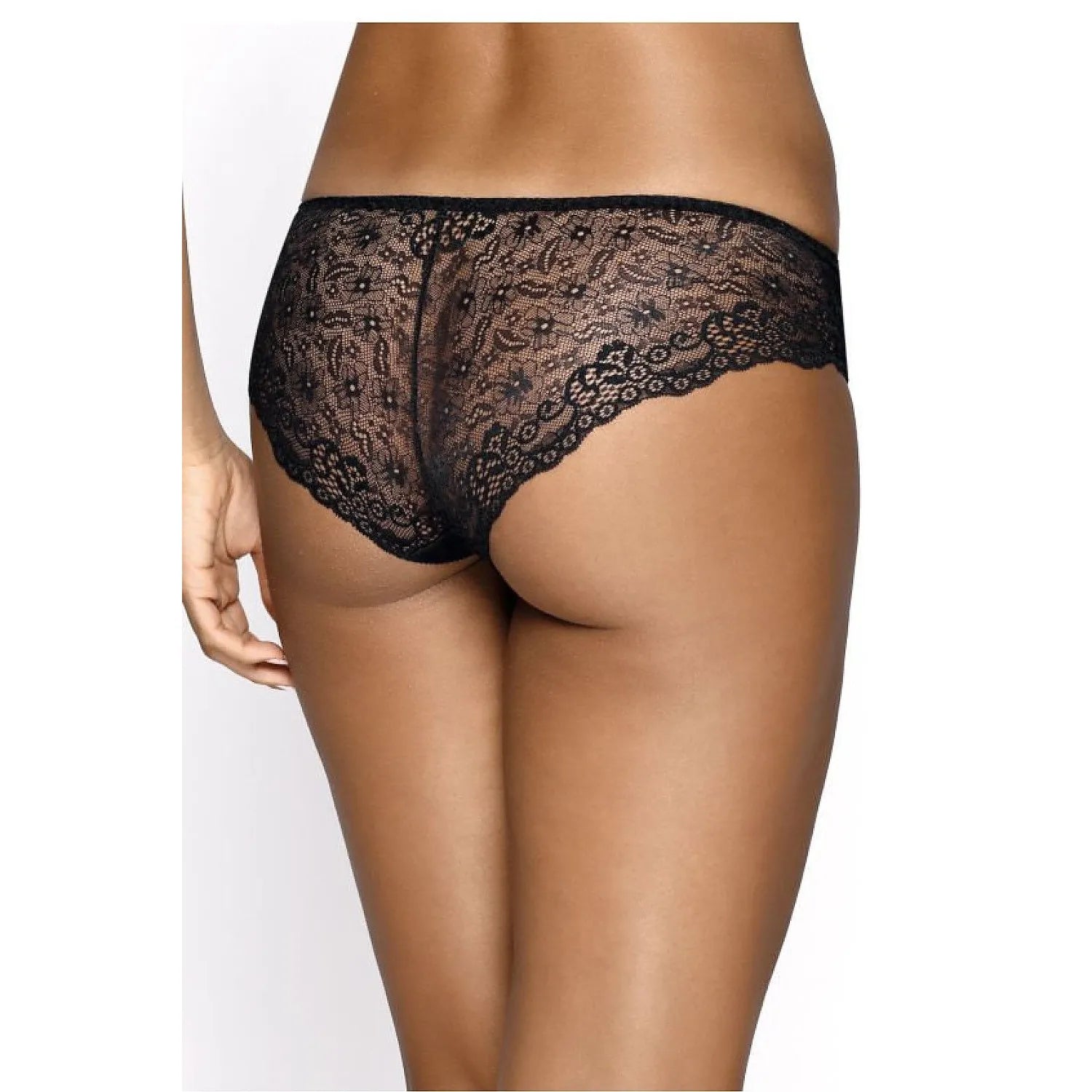 Culotte Iliana noire en dentelle transparente avec nœud décoratif, design élégant et sensuel, taille élastique.