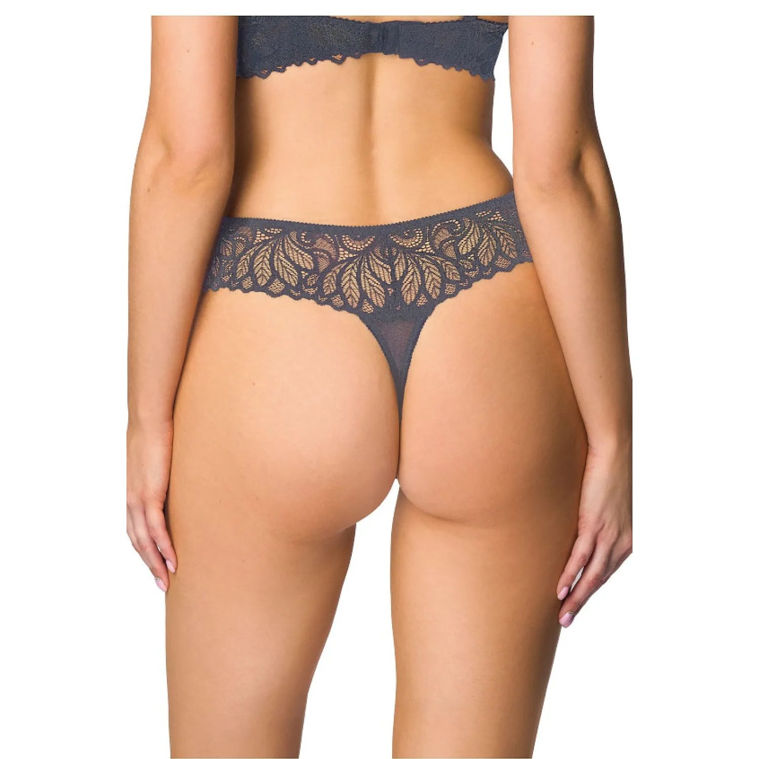Culotte dentelle grise taille haute motifs floraux, élégante et confortable, vue arrière, doublure coton, ajustable.