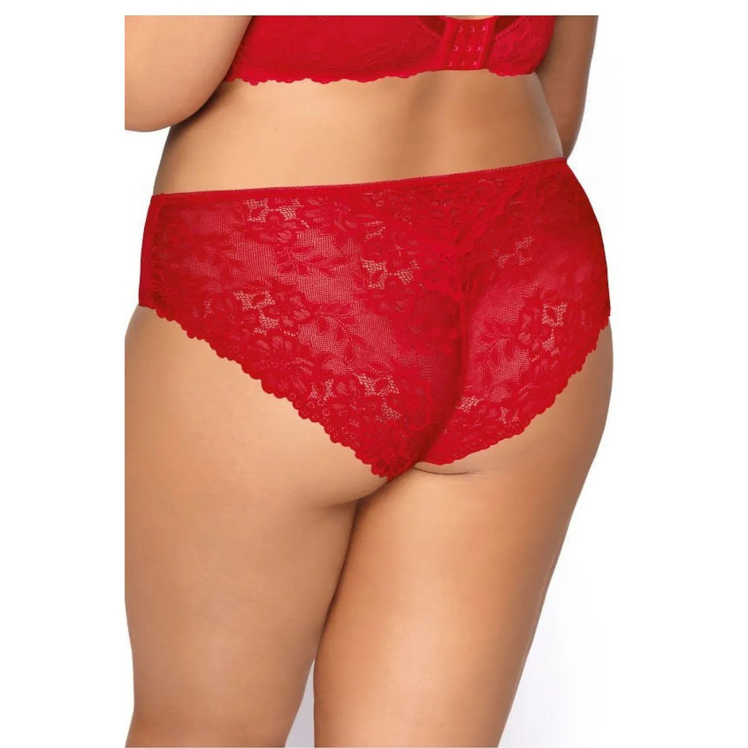 Culotte dentelle rouge élégante motif floral, taille mi-haute, bordures douces, nœud décoratif, confort et maintien.