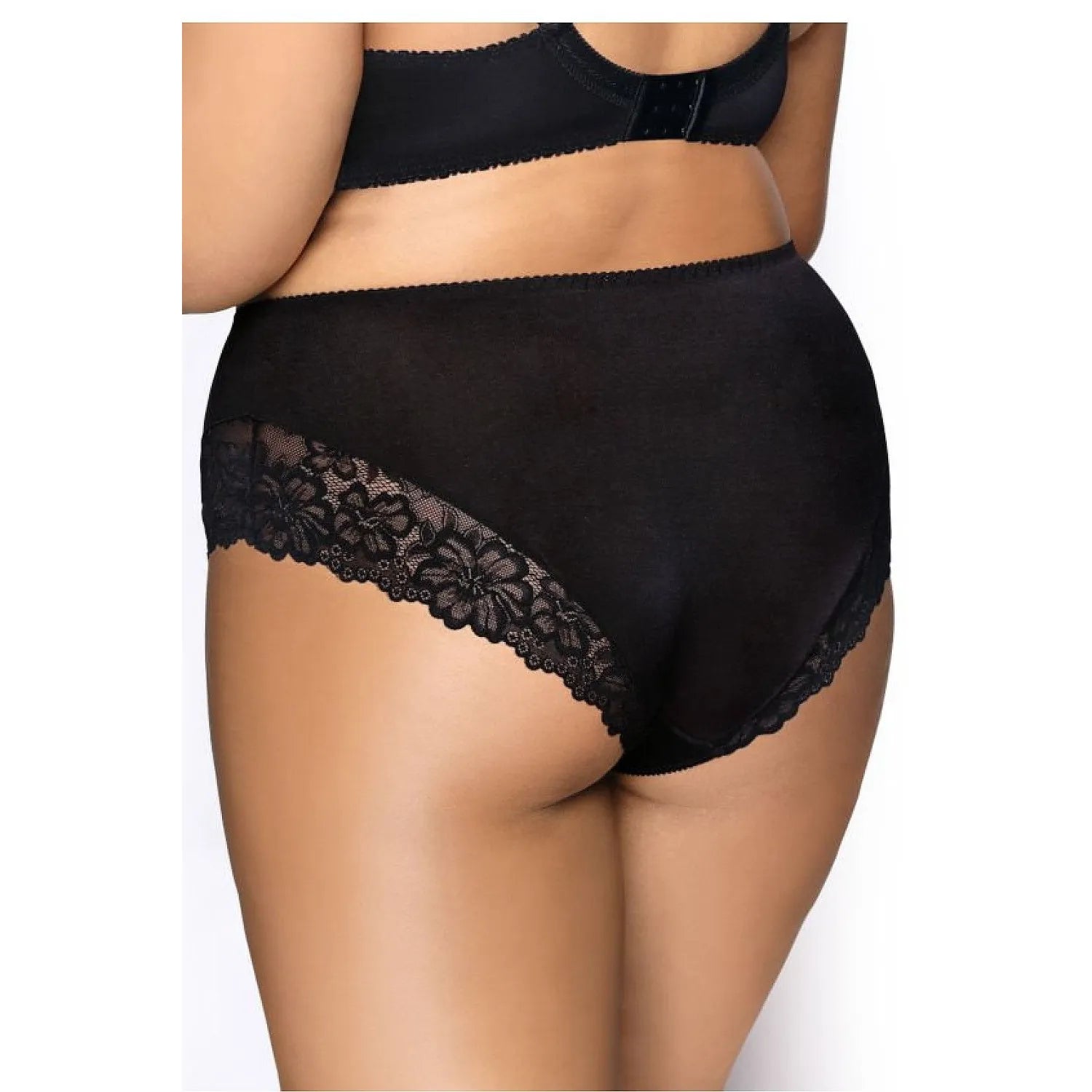 Culotte haute en dentelle noire, coupe élégante, détails floraux, confort optimal, lingerie féminine raffinée.