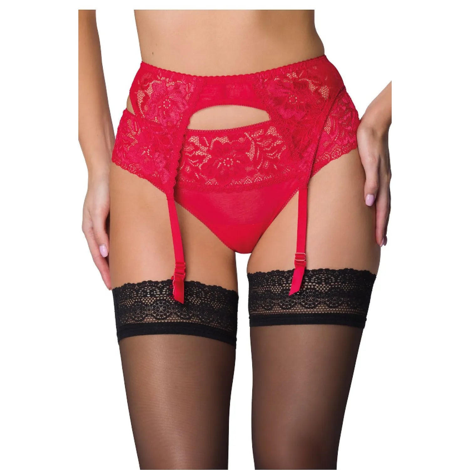 corset dentelle rouge floral délicats jarretelles intégrées réglables bas nylon noir tanga maintien sensuel élégant confortable