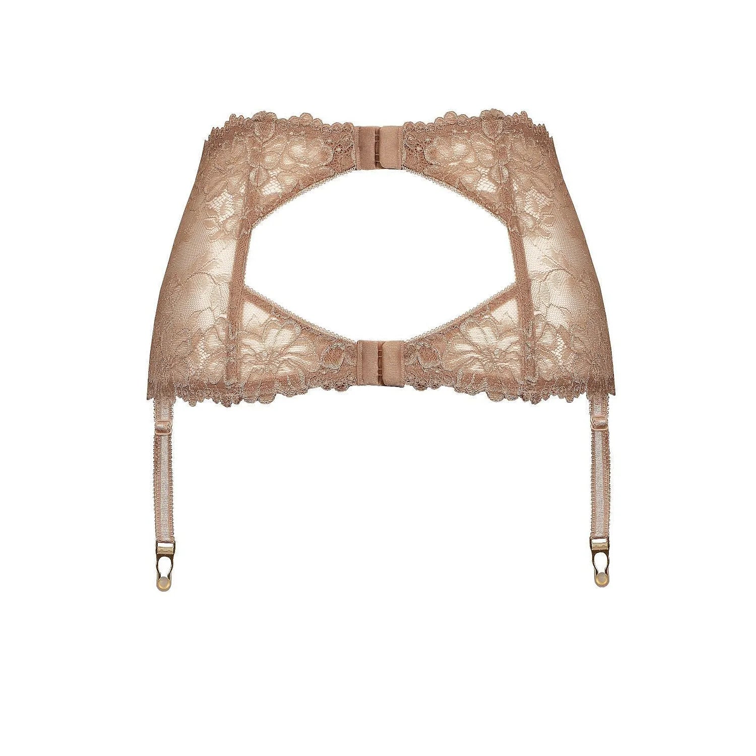 Ceinture porte-jarretelles dentelle beige ajustable avec nœud central, inserts tricot, crochets sécurisés, style élégant.