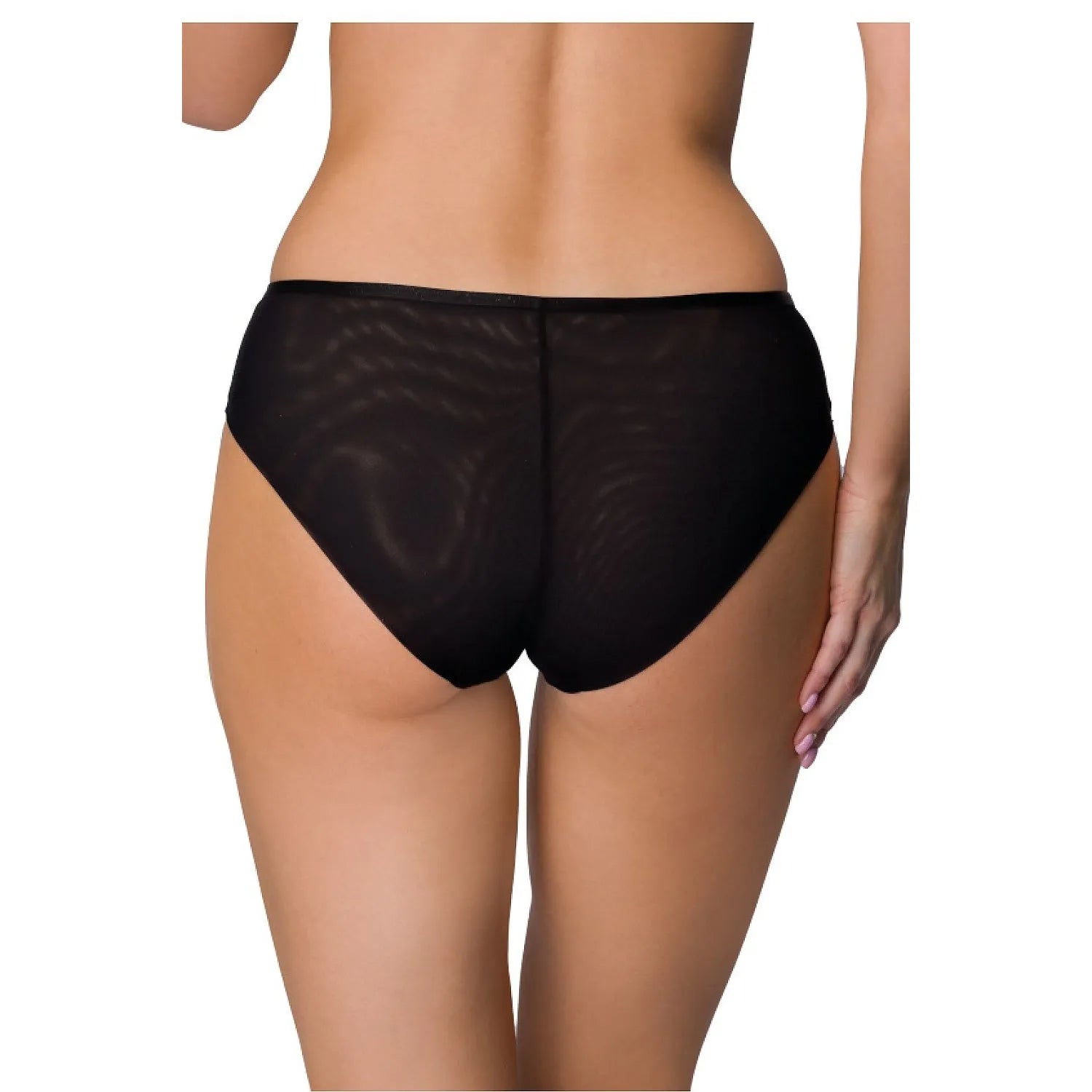 Culotte noire Esme en maille transparente, design croisé, ornement métal doré, confort et maintien sophistiqués.