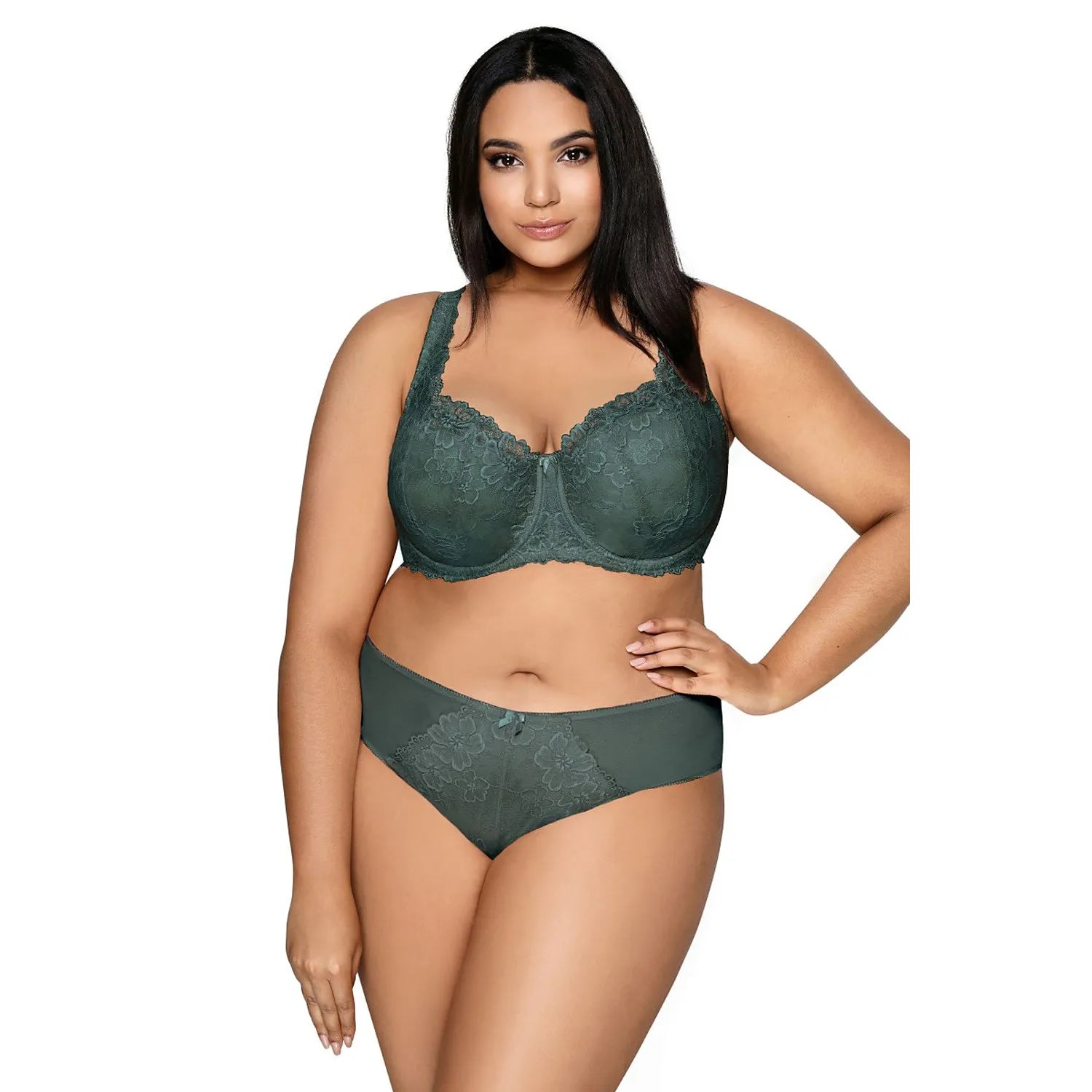 Culotte taille haute verte en dentelle florale, microfibre confortable, nœud central, élégante et sophistiquée.