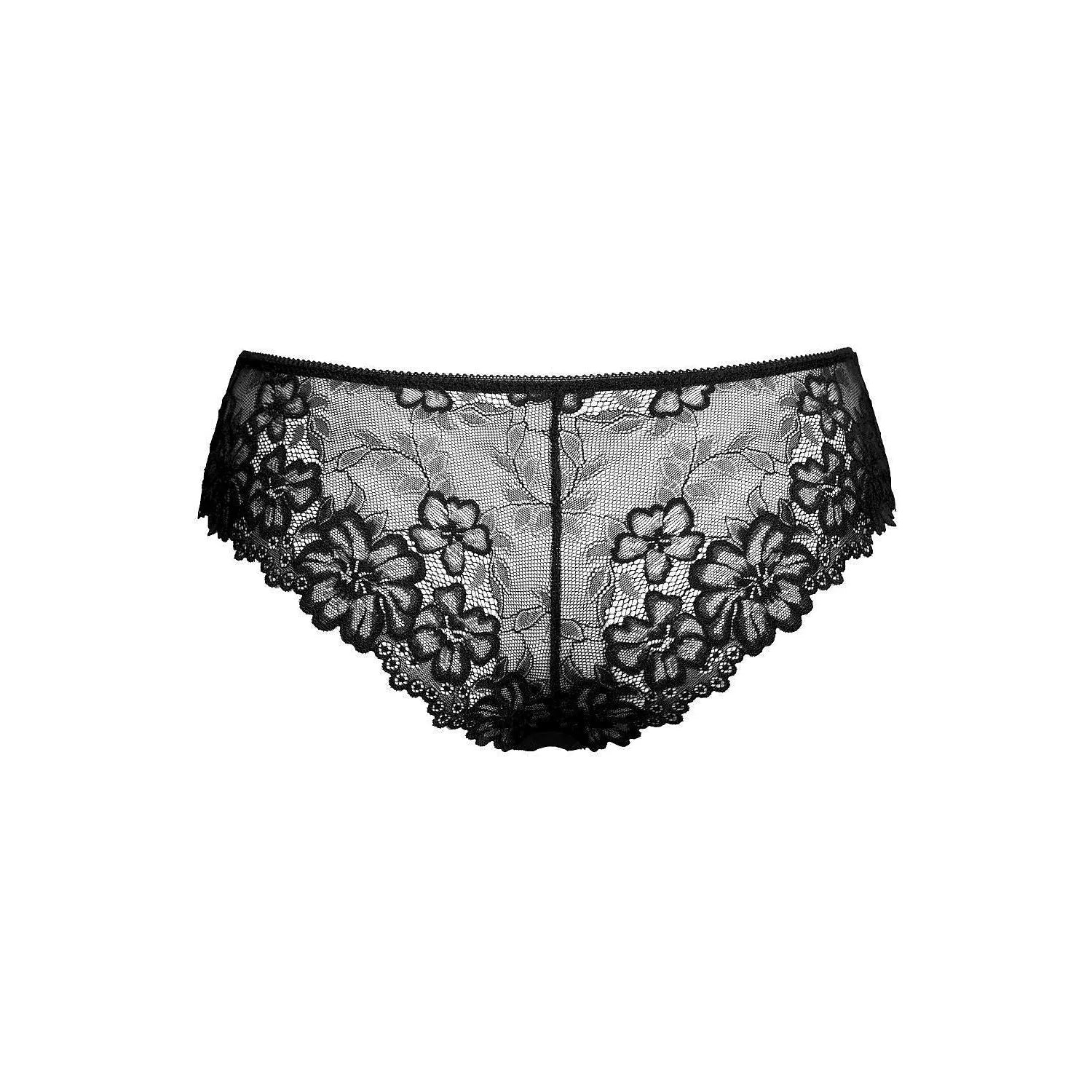 Culotte noire élégante en dentelle florale avec nœud satin, design raffiné, gousset coton doux, lingerie féminine sensuelle.