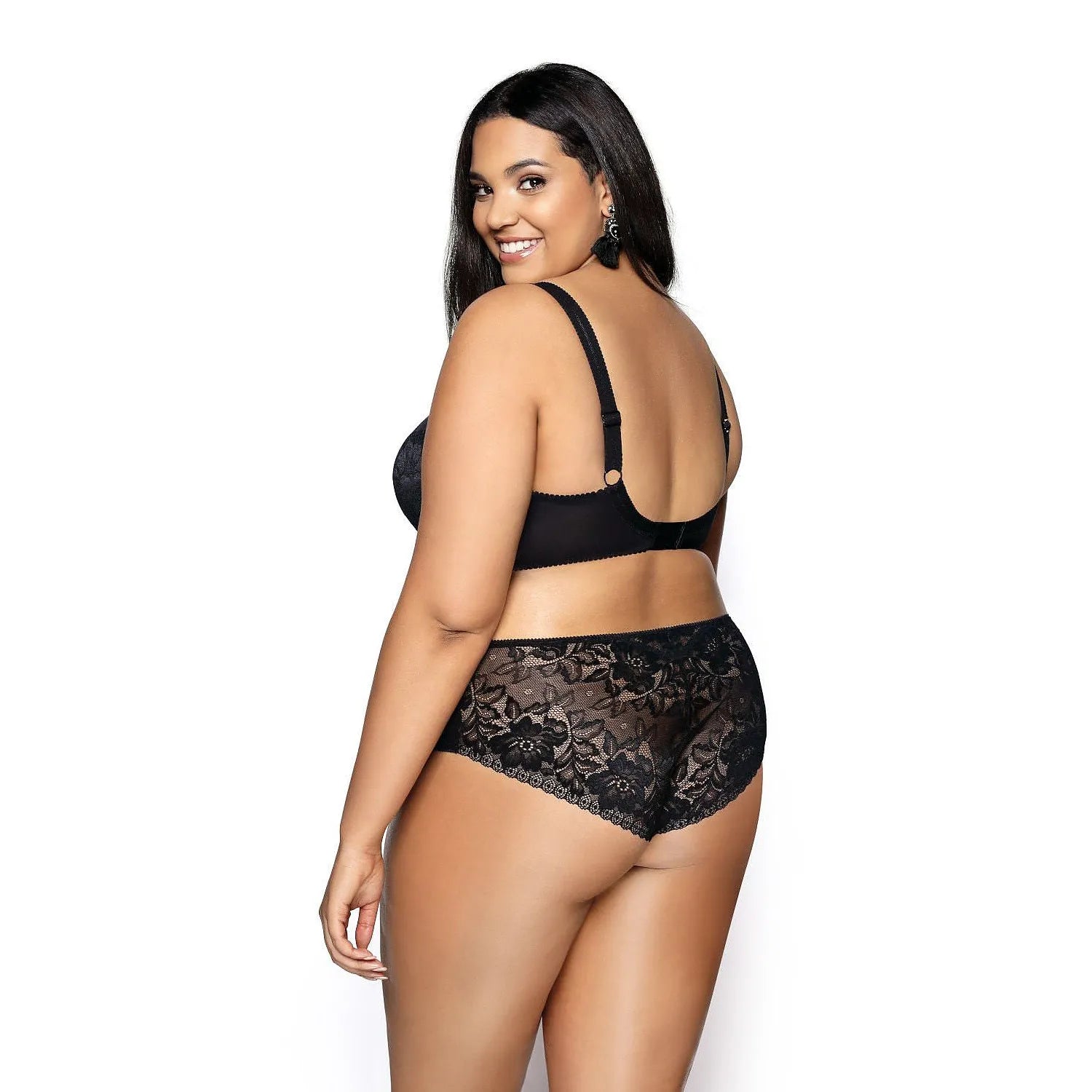 Culotte dentelle noire grande taille, ceinture florale, tissu extensible, confort et élégance pour formes généreuses.