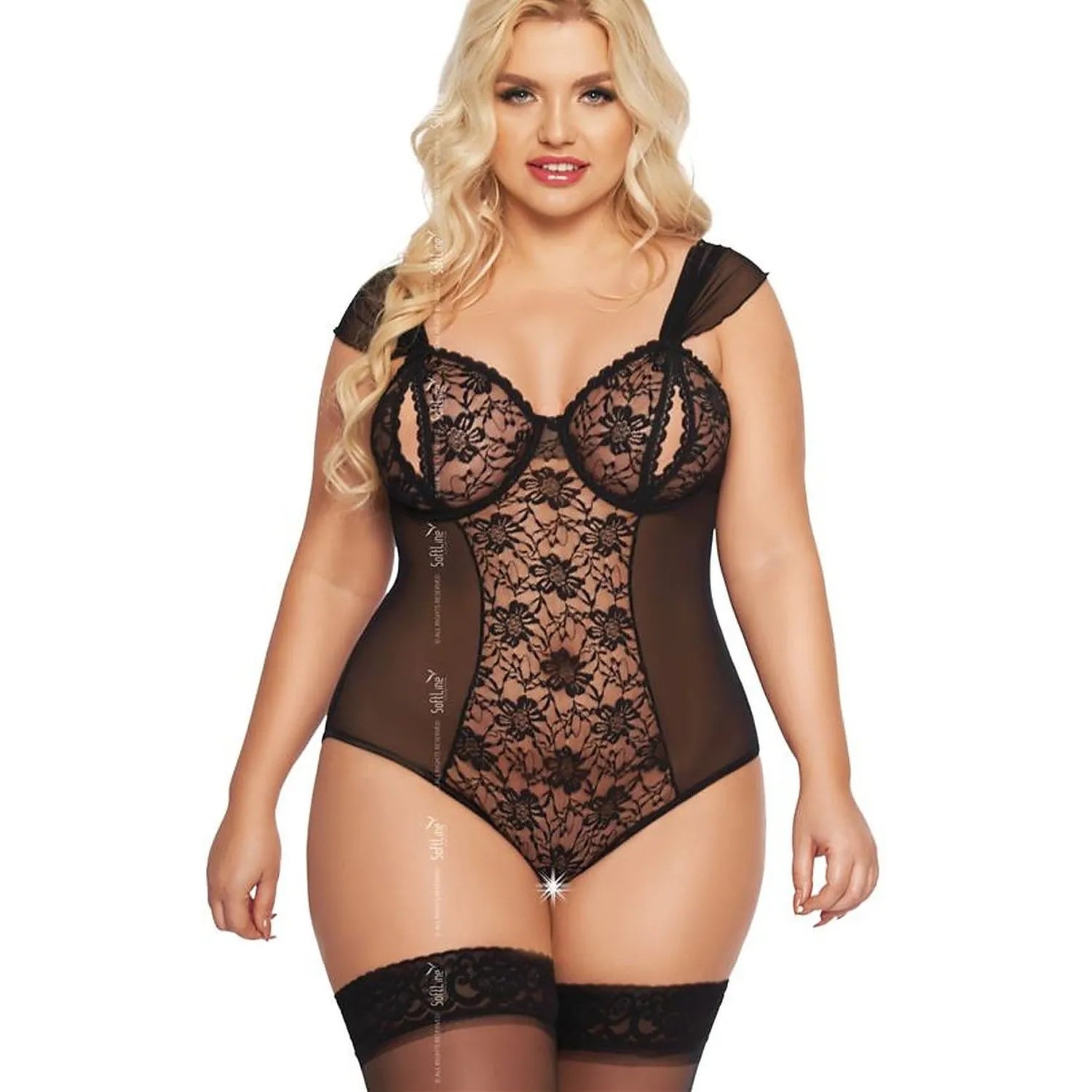 Body sexy en dentelle noire Soft Line Collection lingerie érotique soutien-gorge intégré manches courtes dentelle florale maille transparente taille S à XL ajustement confortable