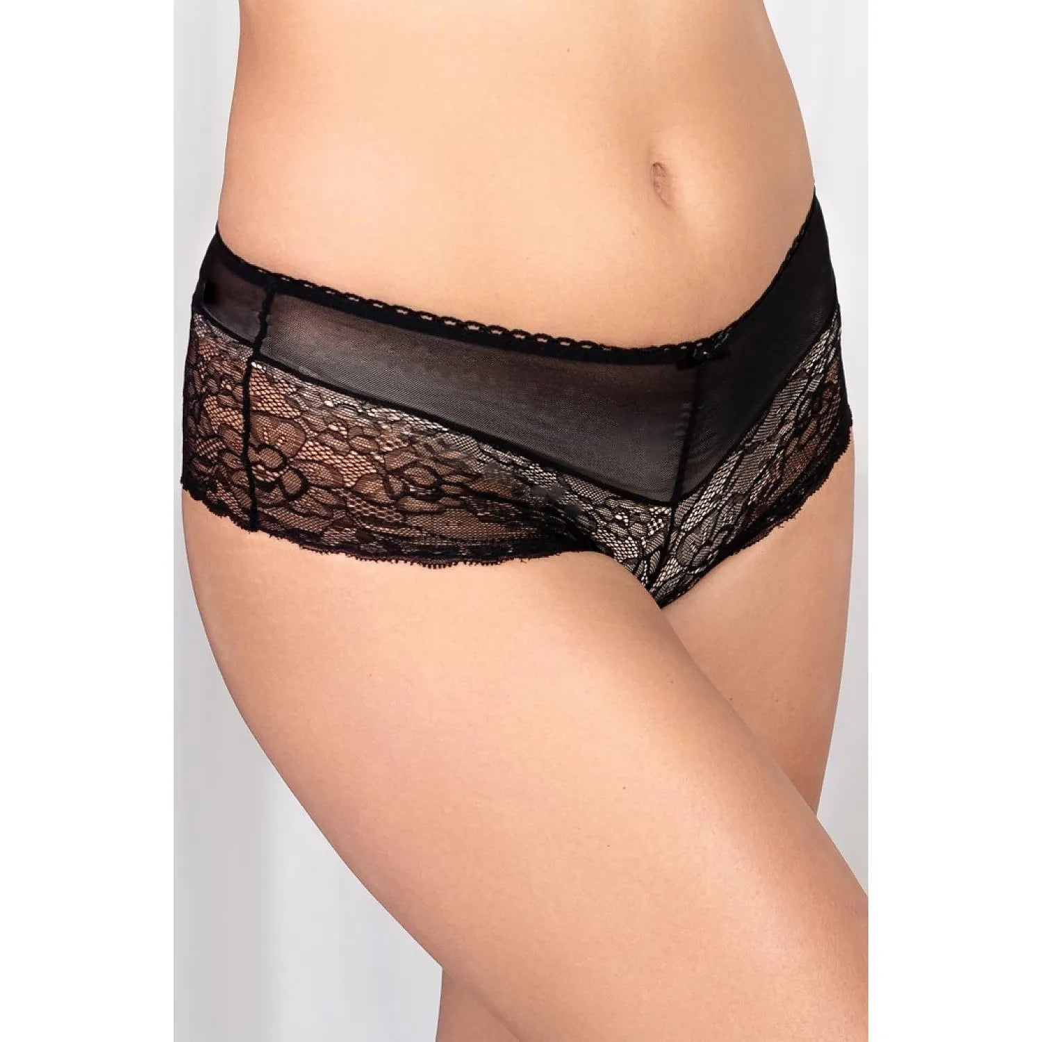 Culotte noire Barbara Lingerie, dentelle florale, taille élastique, hanches couvrantes, design élégant et raffiné.