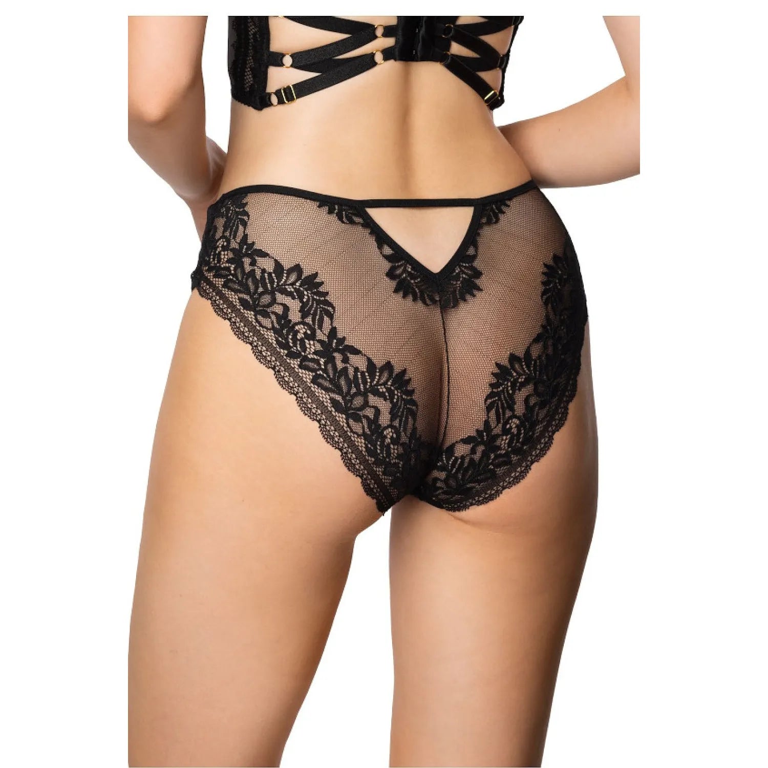 Culotte en dentelle noire transparente, design élégant et féminin, motif floral, lingerie érotique et confortable.