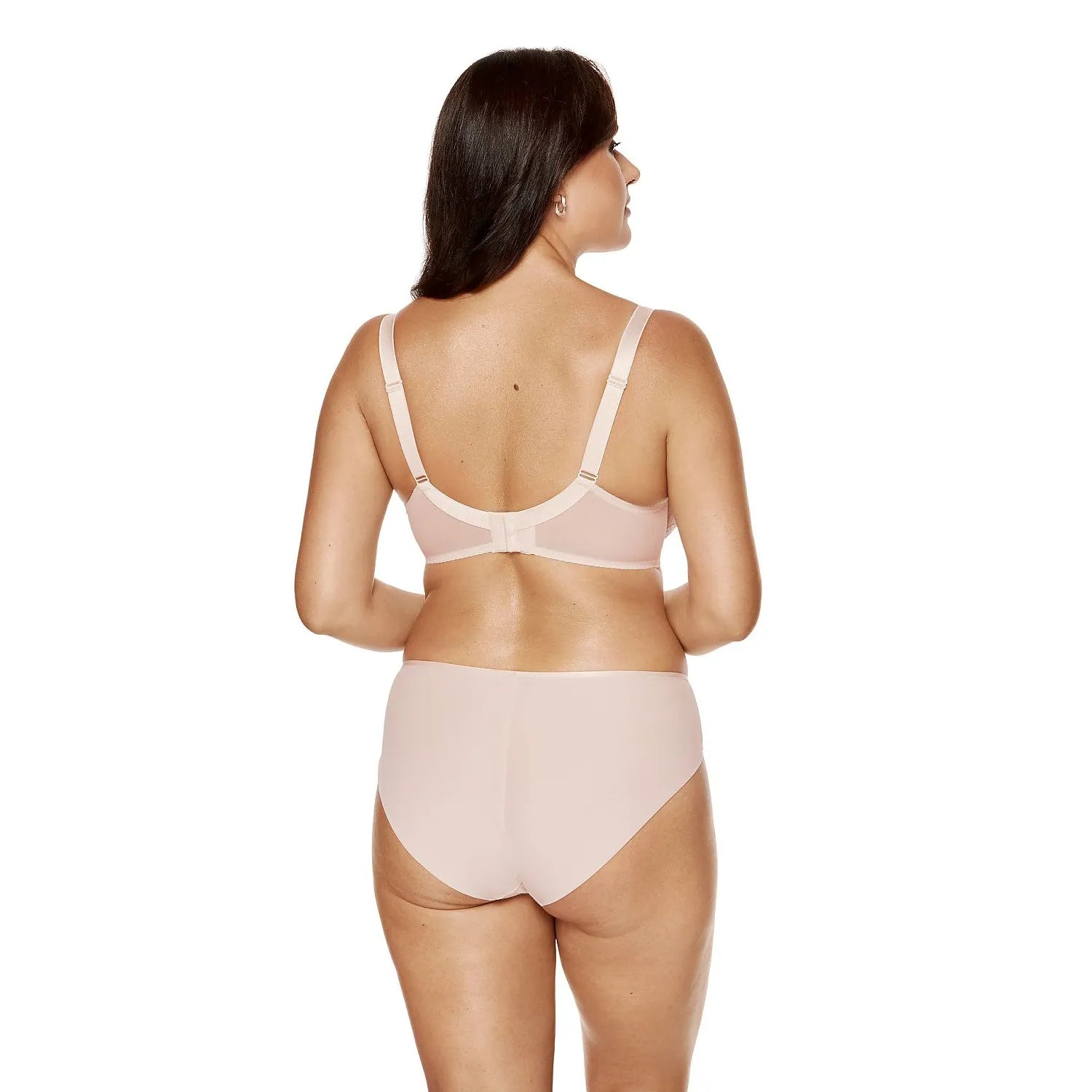 Ensemble lingerie rose pâle dentelle florale, soutien-gorge armatures, culotte confortable, bretelles ajustables.