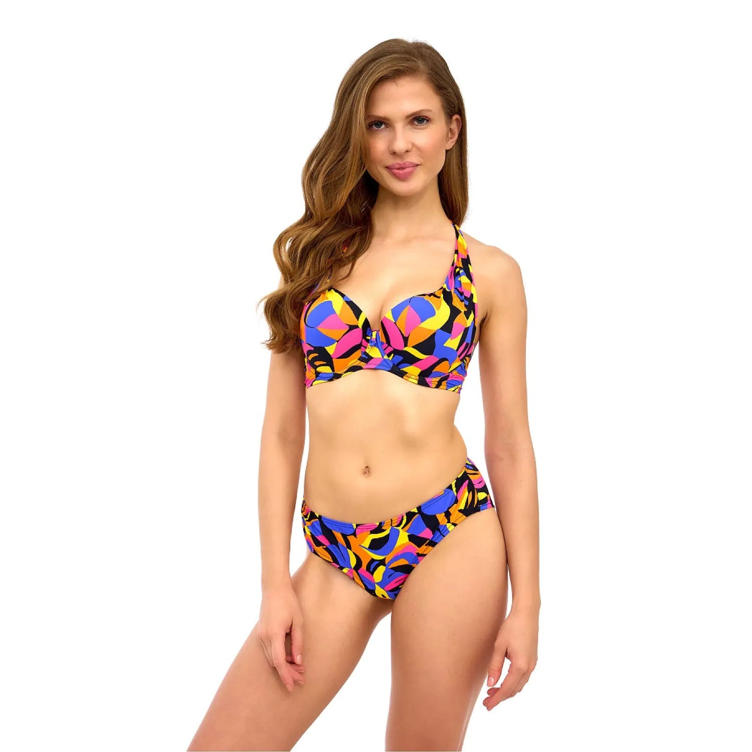Bikini femme motifs géométriques colorés soutien-gorge armatures culotte taille moyenne polyester elastane plage piscine été lingerie coquine