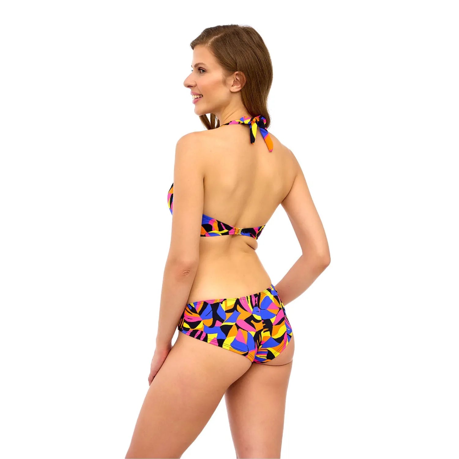 Bikini femme motifs géométriques colorés, soutien-gorge armatures, culotte taille moyenne, idéal plage et piscine.