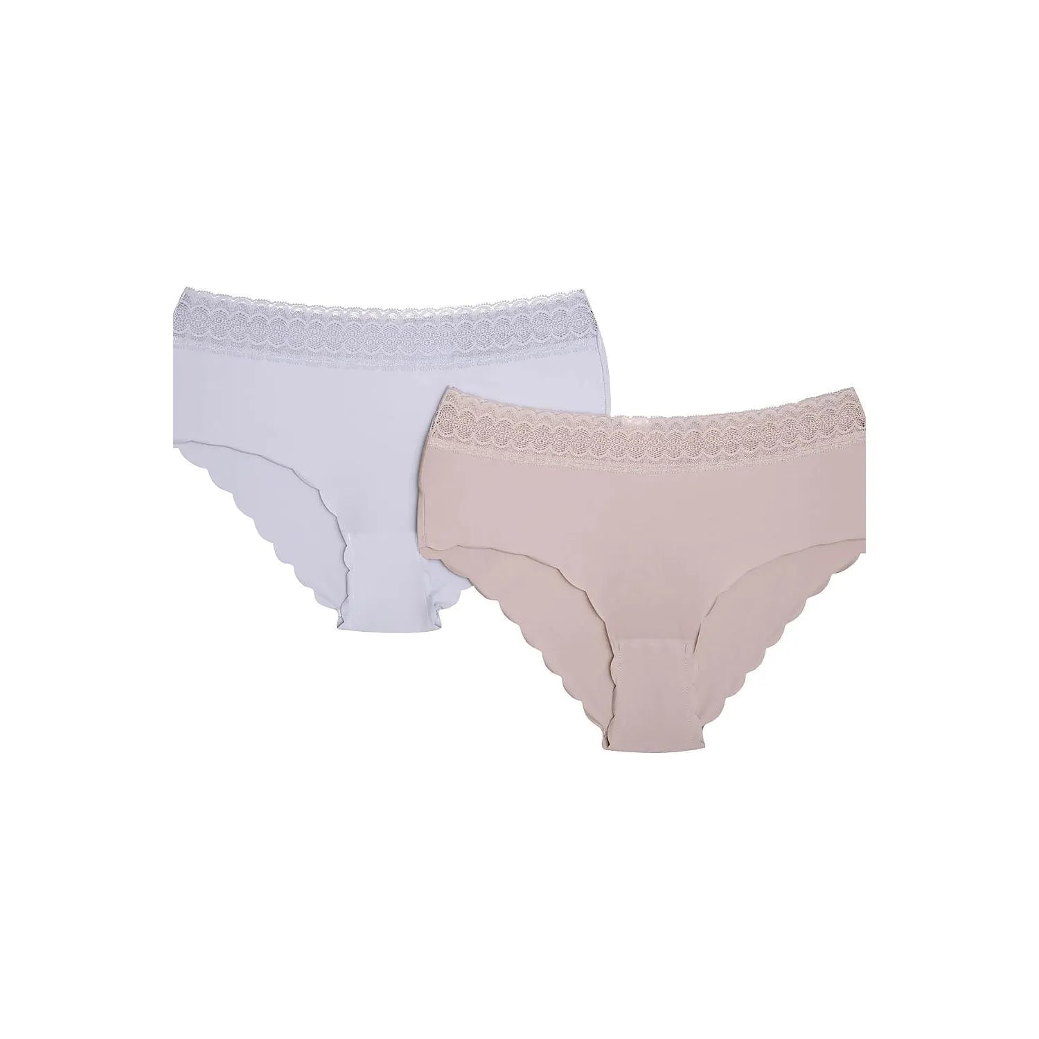 Ensemble lingerie femme, soutien-gorge sans armature et culotte haute, dentelle douce, coton élasthanne, beige et blanc.