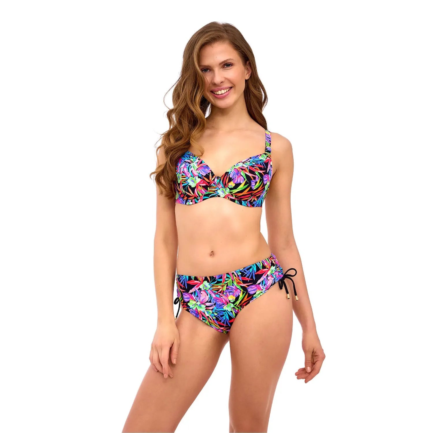 ensemble bikini tropical vibrant coloré floral multicolore fond noir polyester elasthanne extensible confortable maintien renforcé bretelles ajustables bonnets moulés culotte