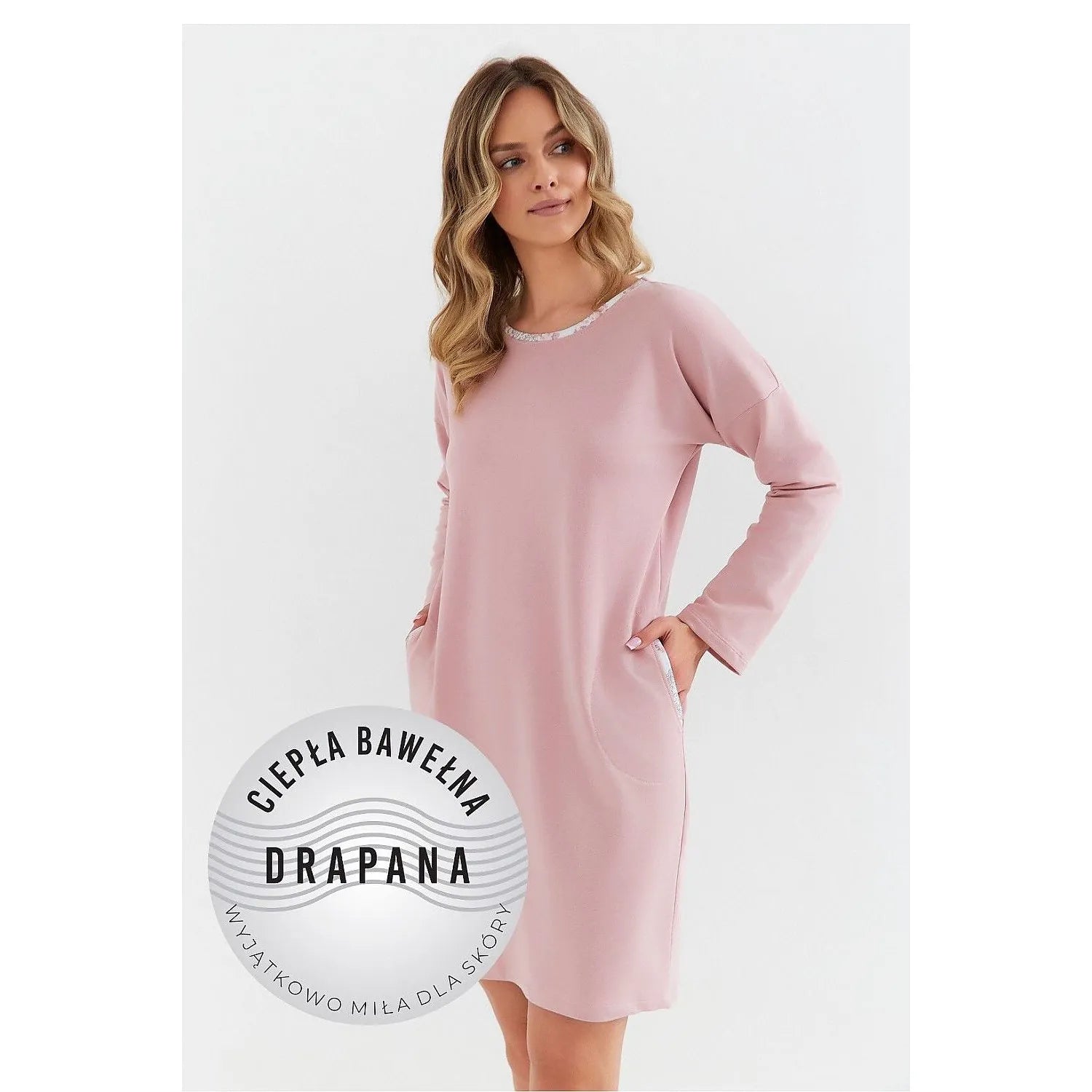 Chemise de nuit confortable pour femme manches longues en coton brossé rose pâle poches latérales douce et respirante nuit détente relaxation intime