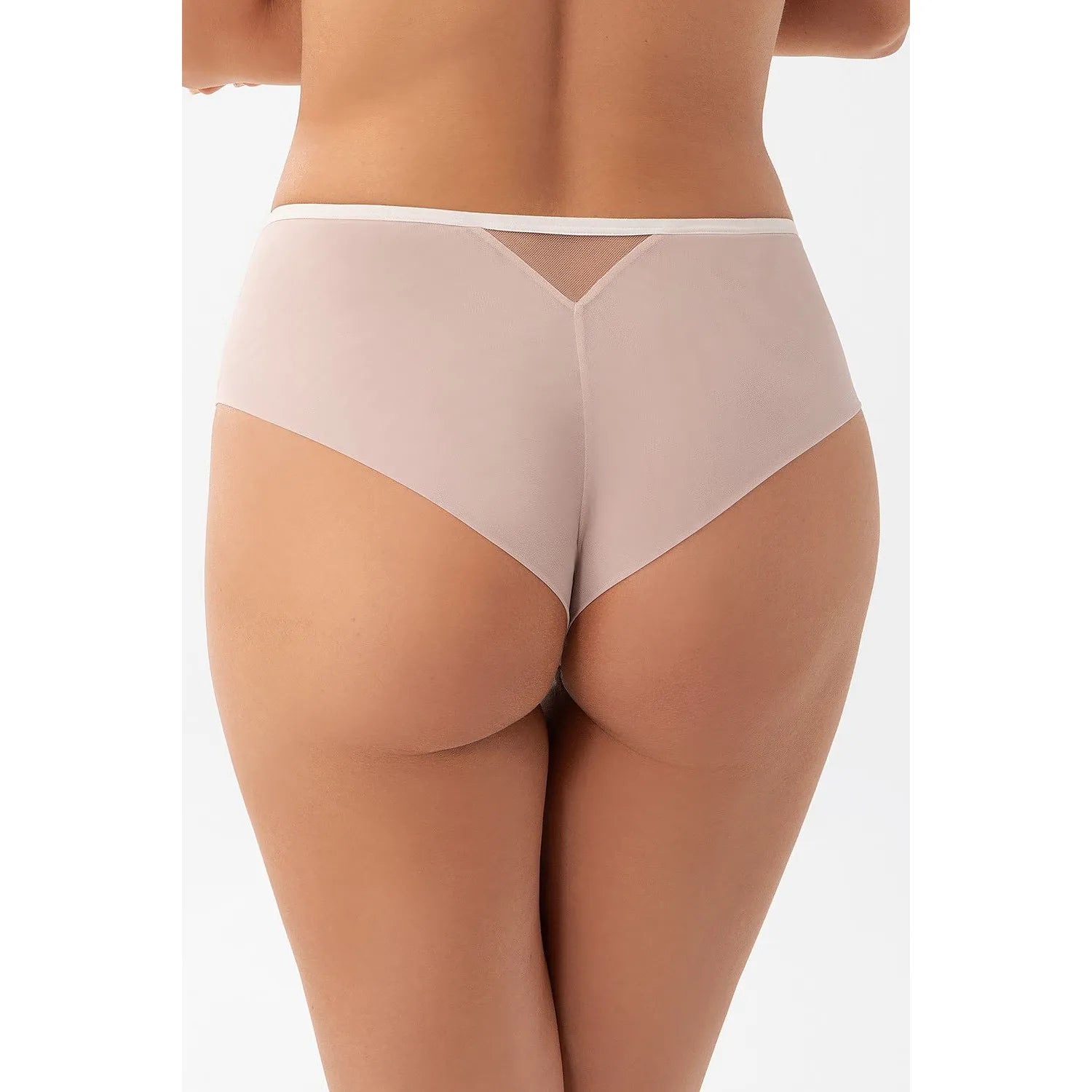Culotte brésilienne beige rosé Gorsenia 212776, dentelle florale, tulle élastique, élégance et confort, lingerie féminine.