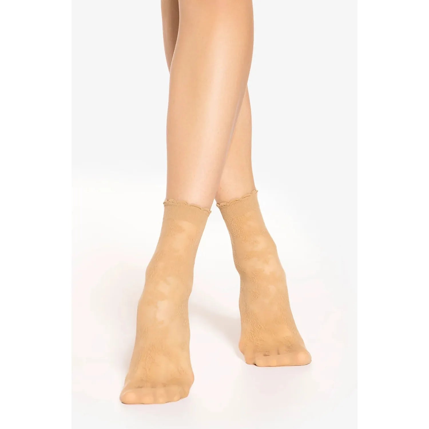 chaussettes hautes dentelle fleuries beige transparentes confortables raffinées respirantes polyvalentes discrètes fines délicates renforcées renforts élégantes sophistiquées quotidiennes