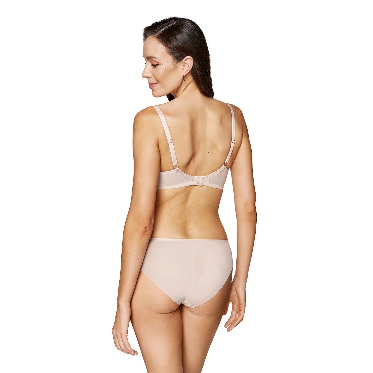 Ensemble lingerie dentelle florale nude, soutien-gorge à armatures, culotte bikini, broderie dorée, élégant et confortable.