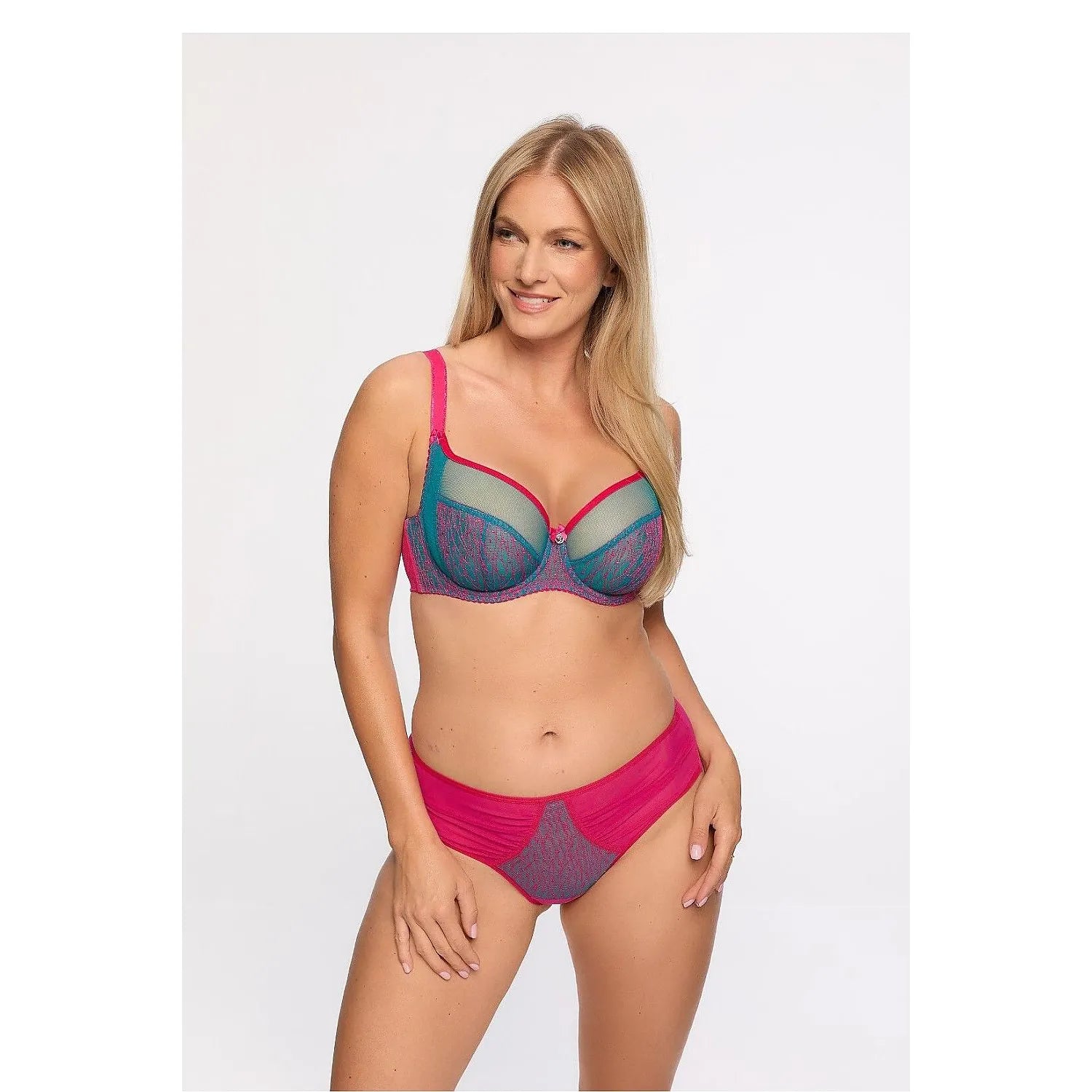 Culottes brésiliennes model 216009 Gaia soutien-gorge assorti tissu semi-transparent motifs contrastants rose vif bleu vert