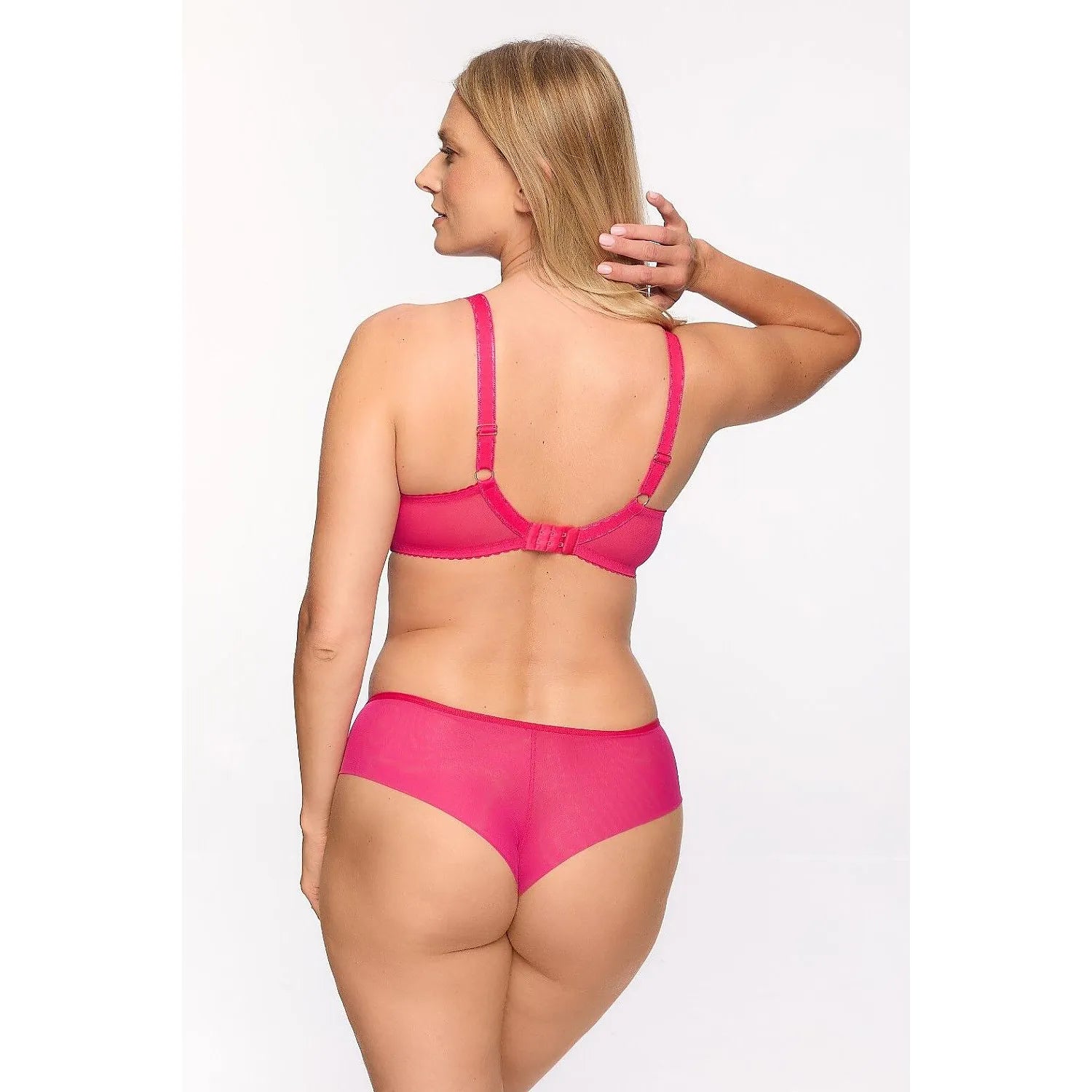 Ensemble lingerie rose vif Gaia 216009, soutien-gorge à armatures et culotte brésilienne, motifs contrastants.