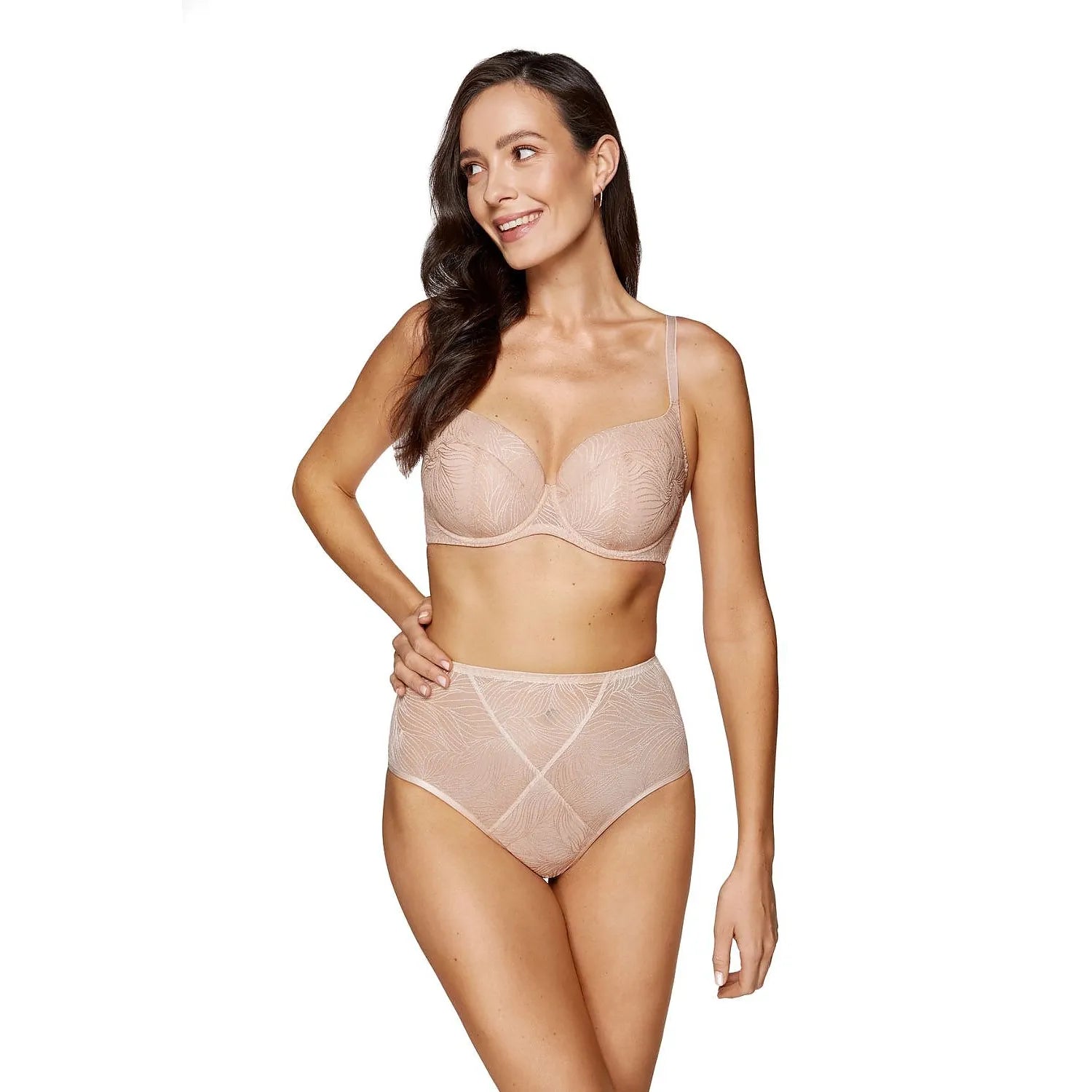 Ensemble lingerie féminin dentelle motif floral nude soutien-gorge culotte haute bretelles ajustables corsage mousse corseterie coton OEKO-TEX