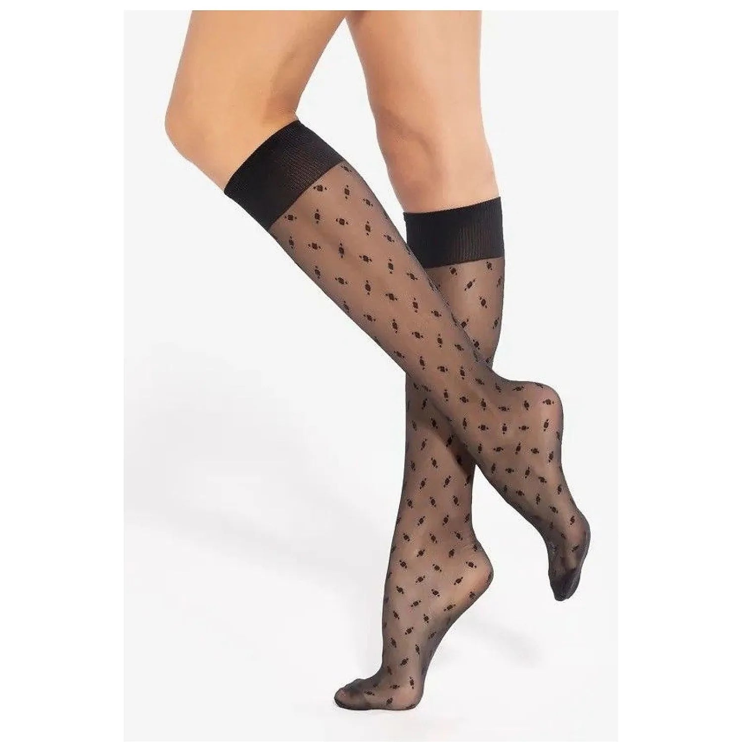 Bas transparents longs motif pois noirs, élégants et féminins, en nylon élasthanne, confortables et glamour.