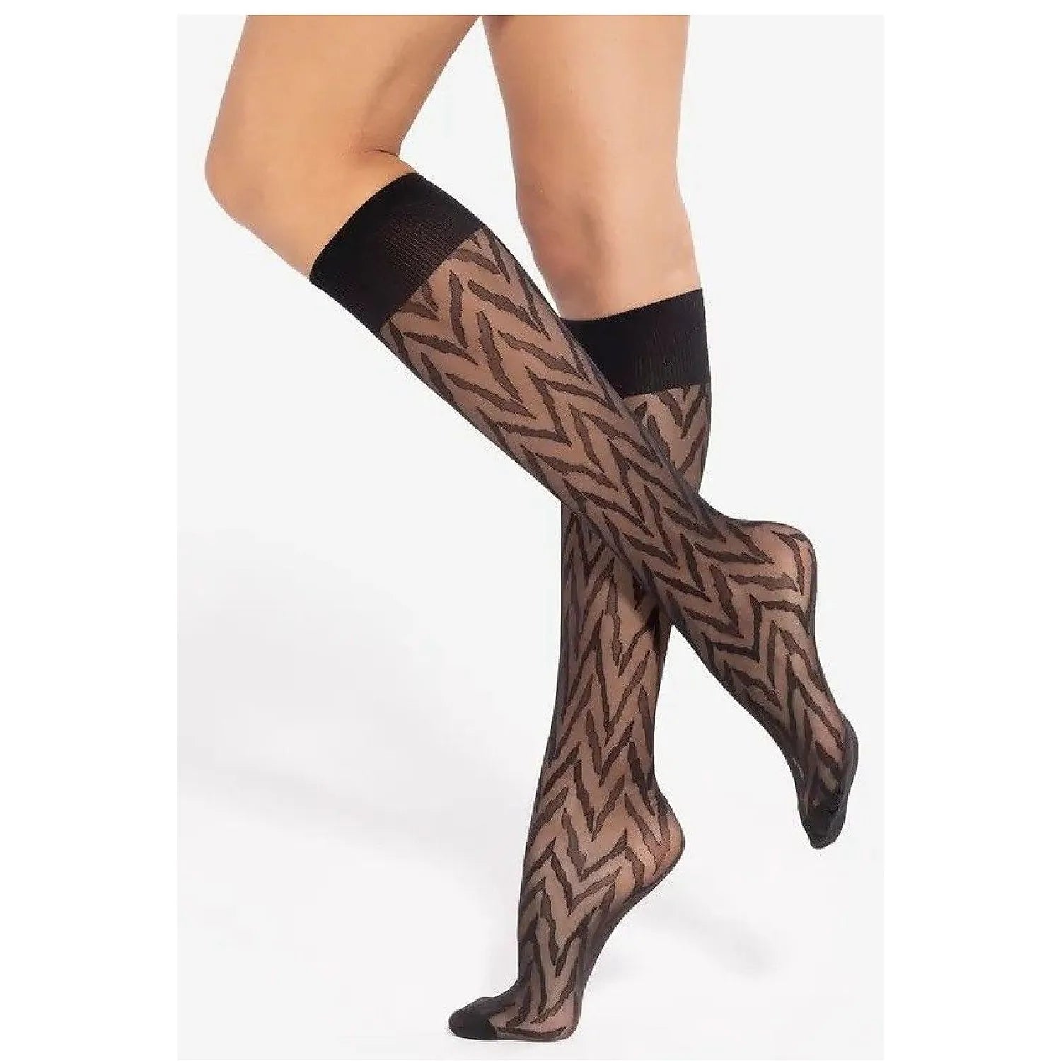 Chaussettes longues noires motif zigzag opaque, montantes jusqu'aux genoux, élastiques et confortables pour femmes.