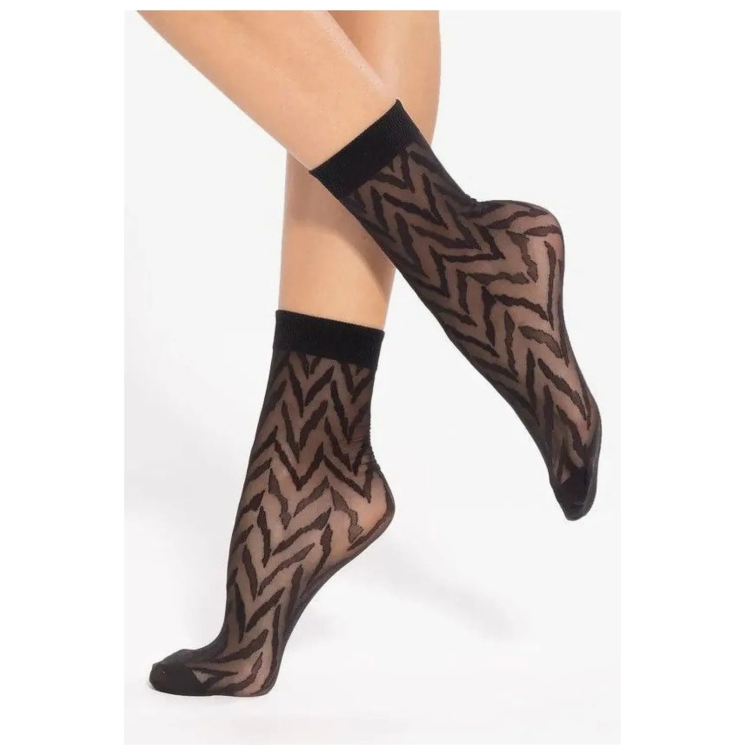 Chaussettes transparentes noires motif zigzag mi-mollet, élégantes et confortables, légèrement brillantes, maille synthéti...
